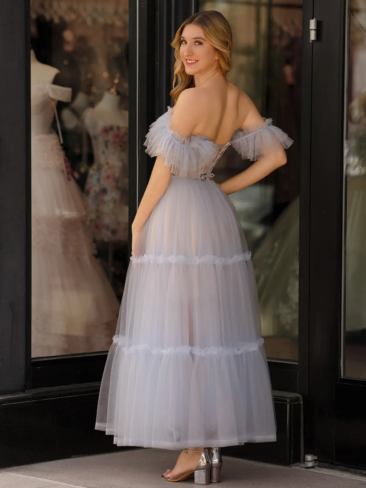 Black Sweetheart A-Line Tea Length Ruffled Tulle Prom Dress