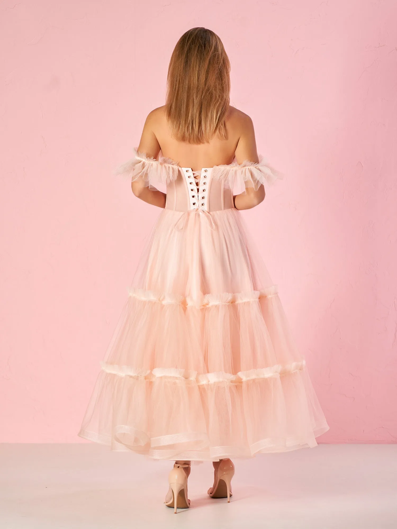 Black Sweetheart A-Line Tea Length Ruffled Tulle Prom Dress
