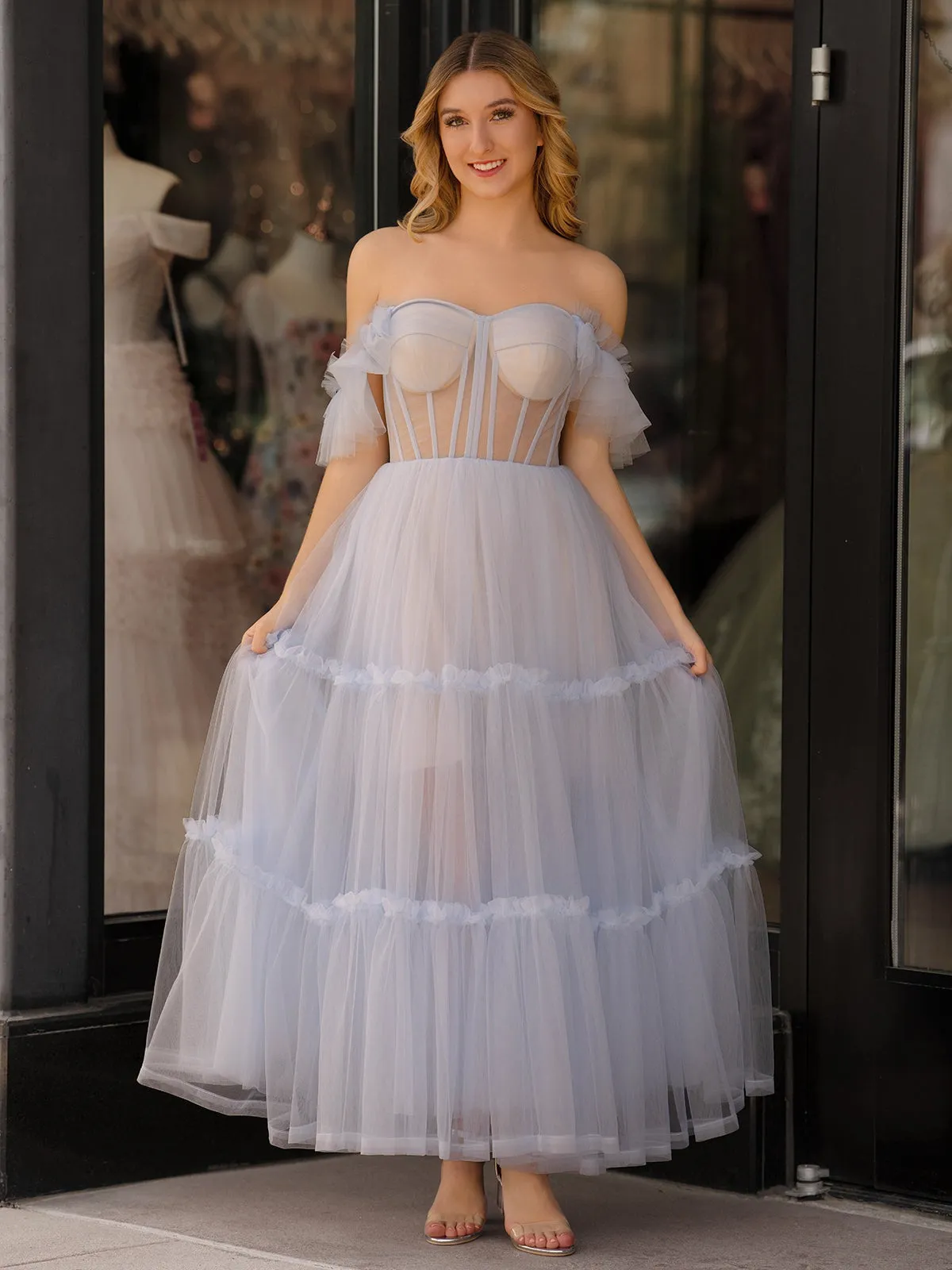 Black Sweetheart A-Line Tea Length Ruffled Tulle Prom Dress