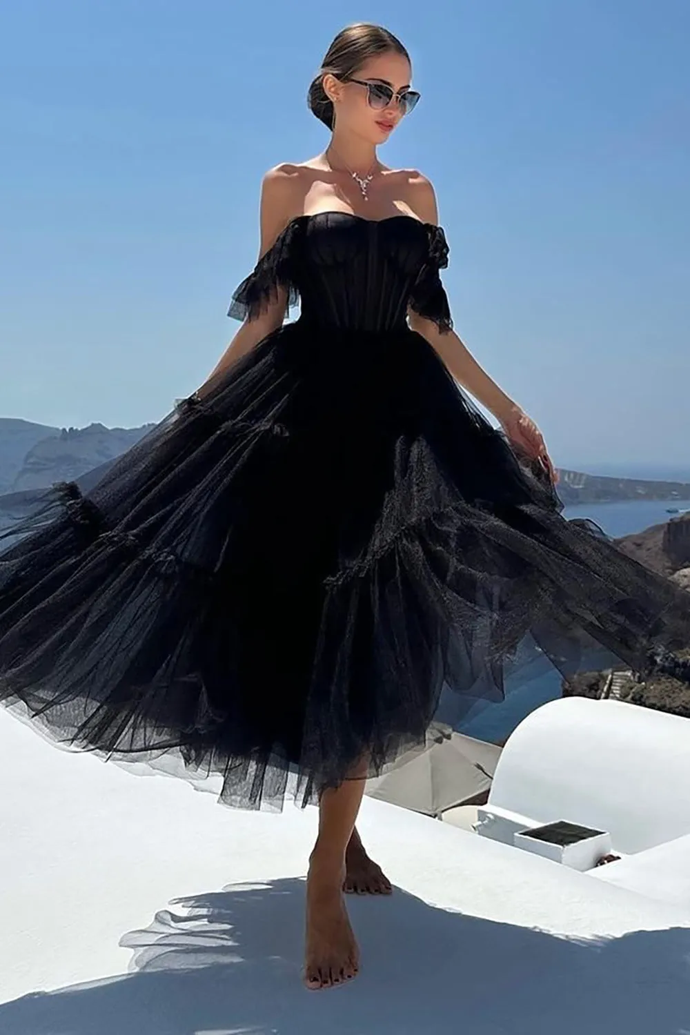 Black Sweetheart A-Line Tea Length Ruffled Tulle Prom Dress