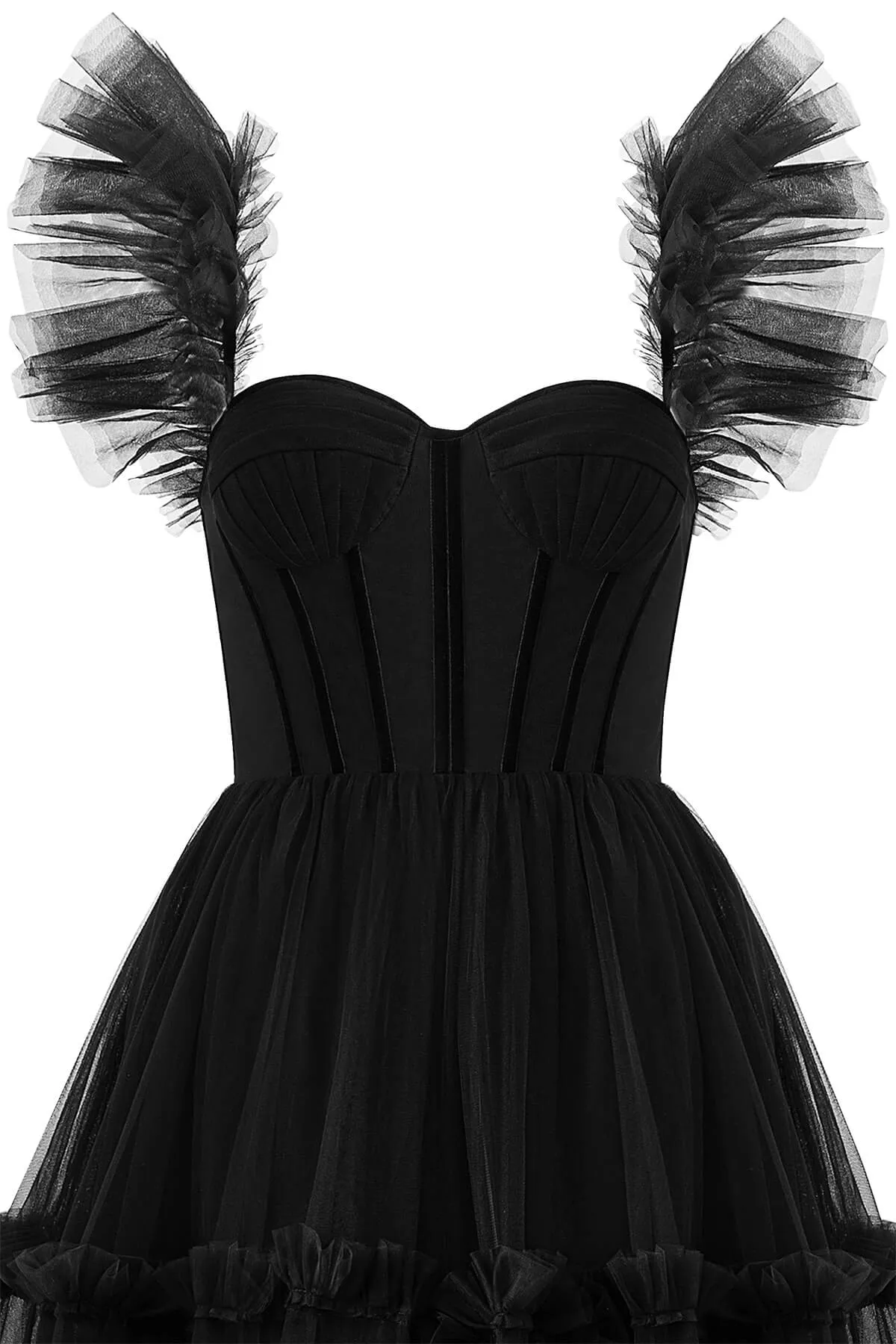 Black Sweetheart A-Line Tea Length Ruffled Tulle Prom Dress