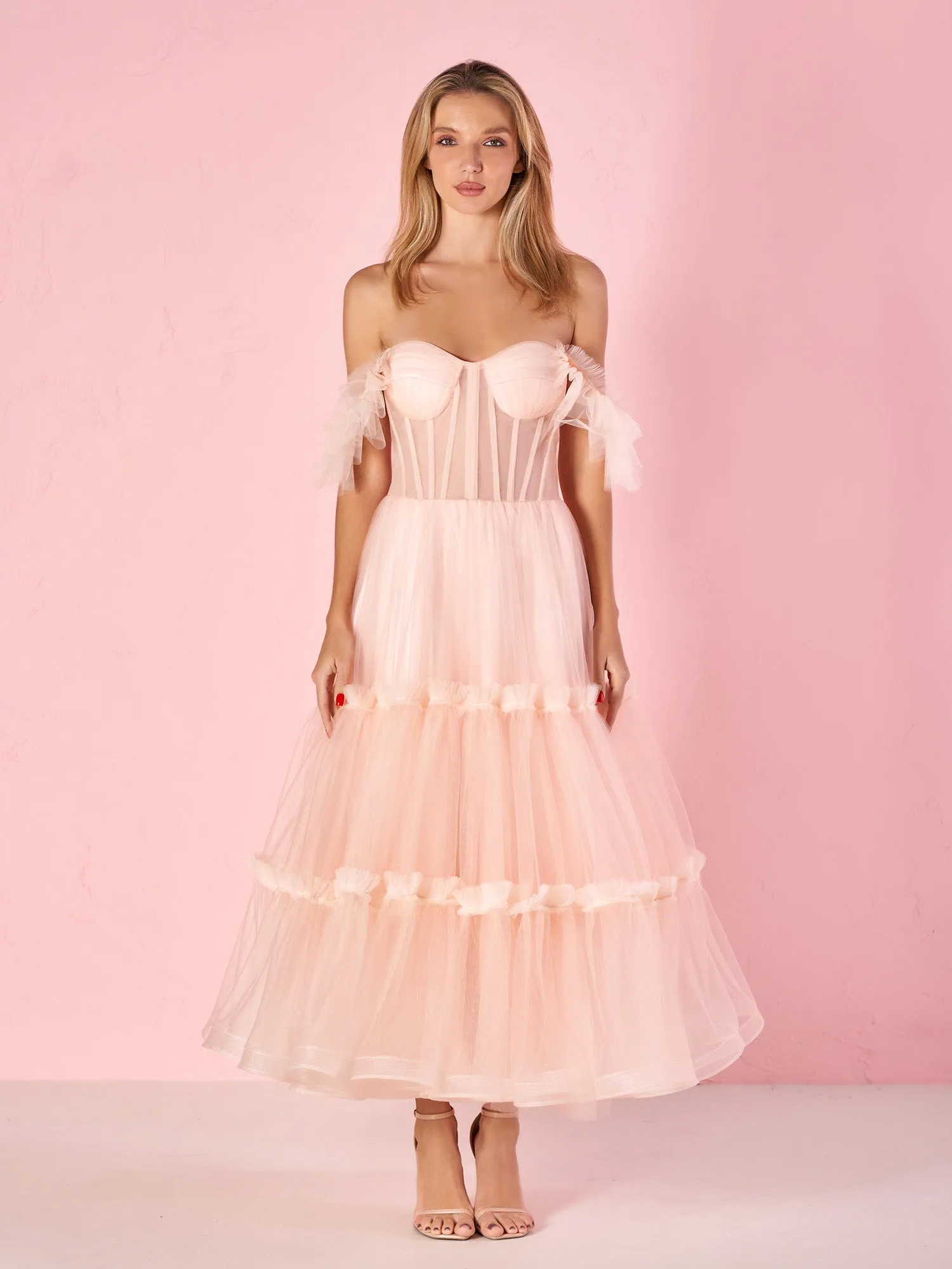 Black Sweetheart A-Line Tea Length Ruffled Tulle Prom Dress