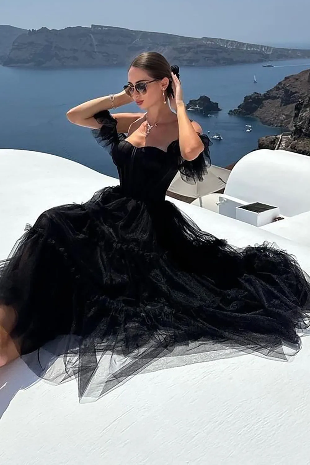 Black Sweetheart A-Line Tea Length Ruffled Tulle Prom Dress
