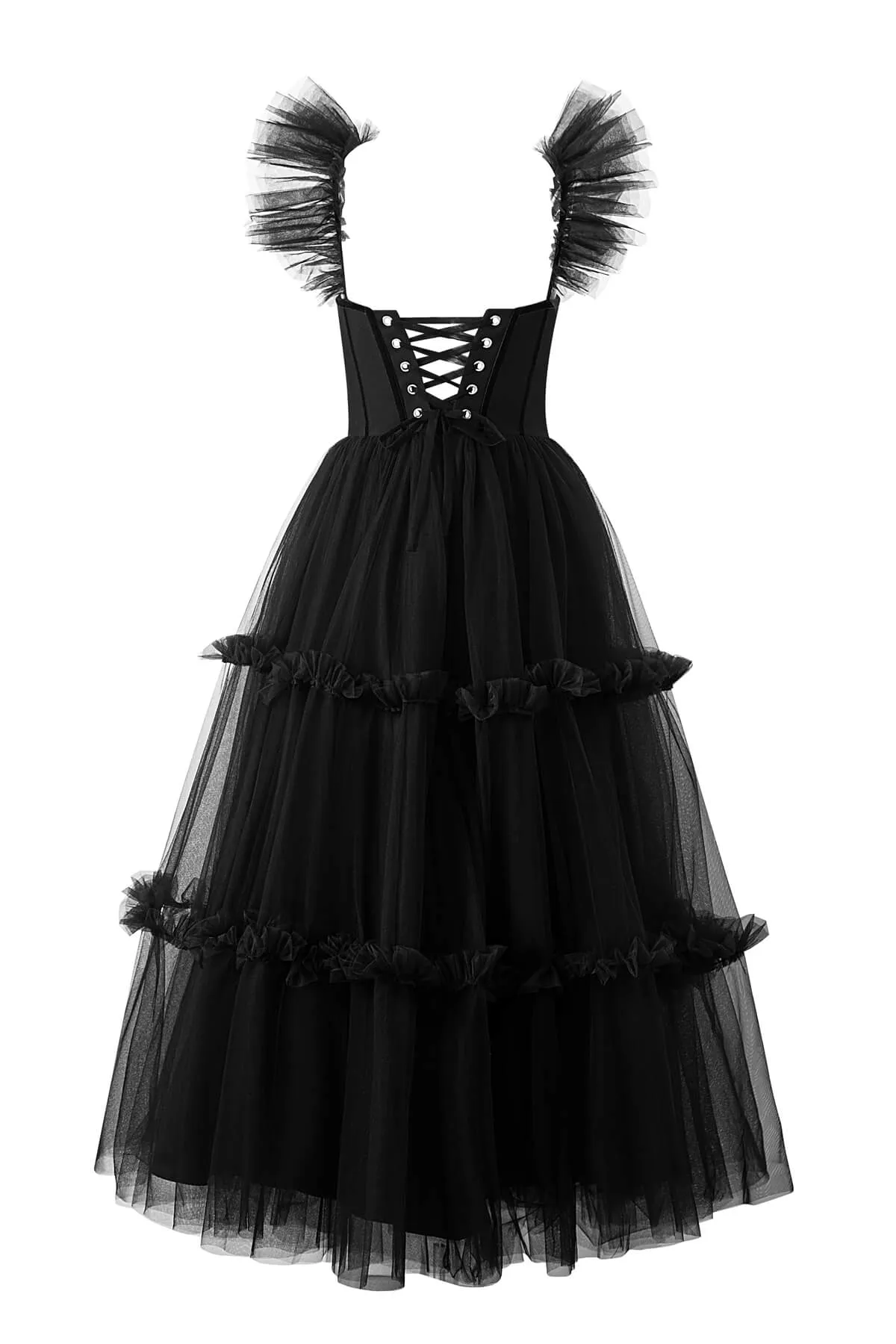 Black Sweetheart A-Line Tea Length Ruffled Tulle Prom Dress
