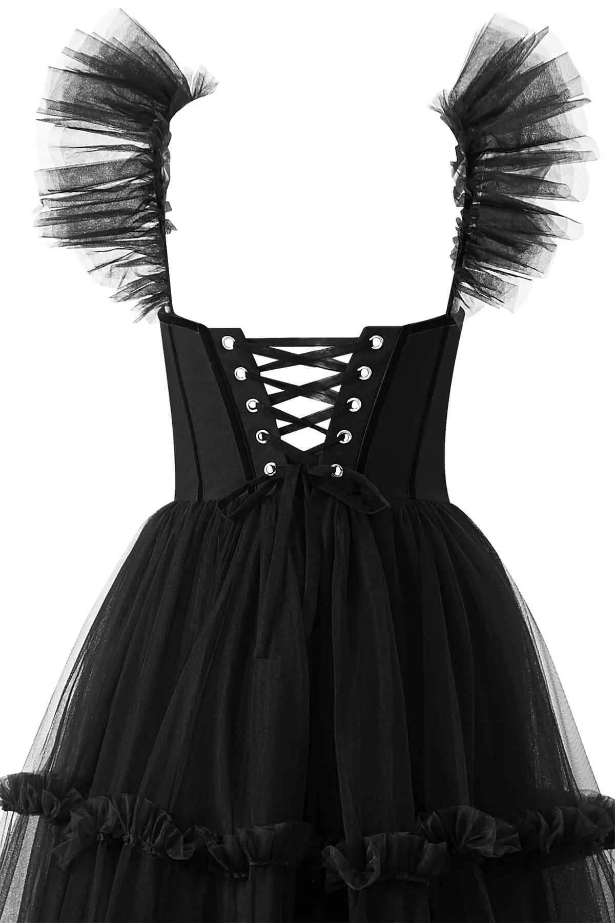Black Sweetheart A-Line Tea Length Ruffled Tulle Prom Dress