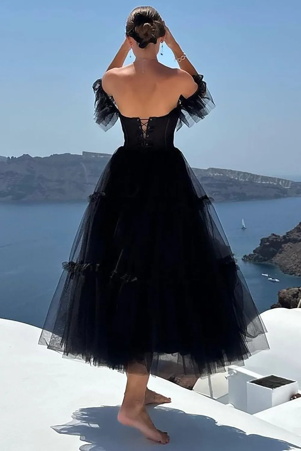 Black Sweetheart A-Line Tea Length Ruffled Tulle Prom Dress