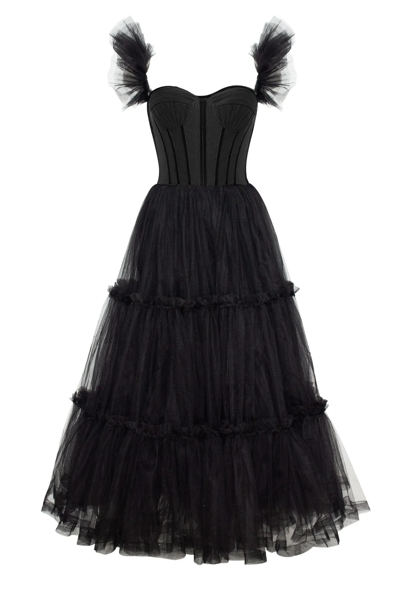 Black Sweetheart A-Line Tea Length Ruffled Tulle Prom Dress