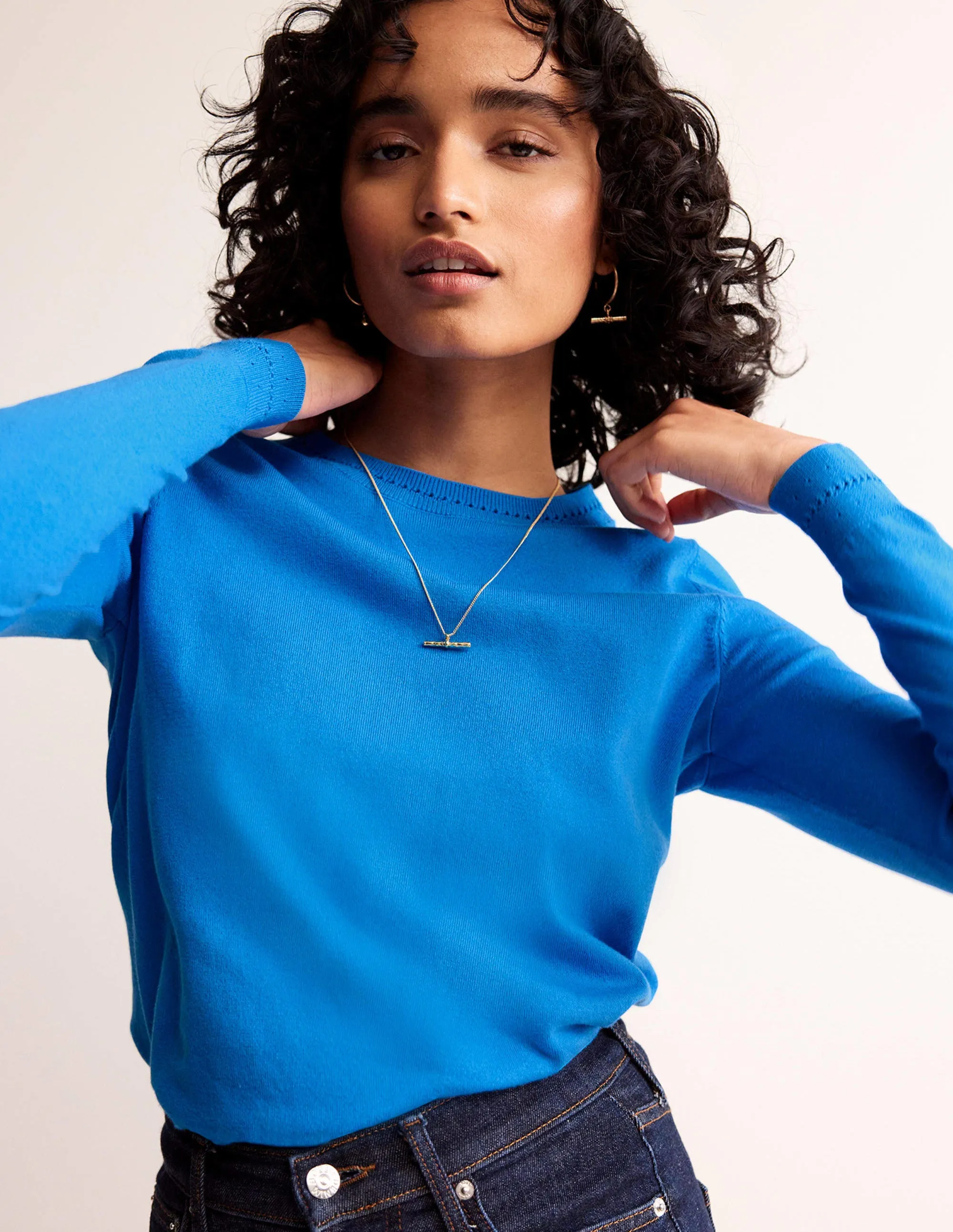 Catriona Cotton Crew Jumper-Bright Cyan Blue