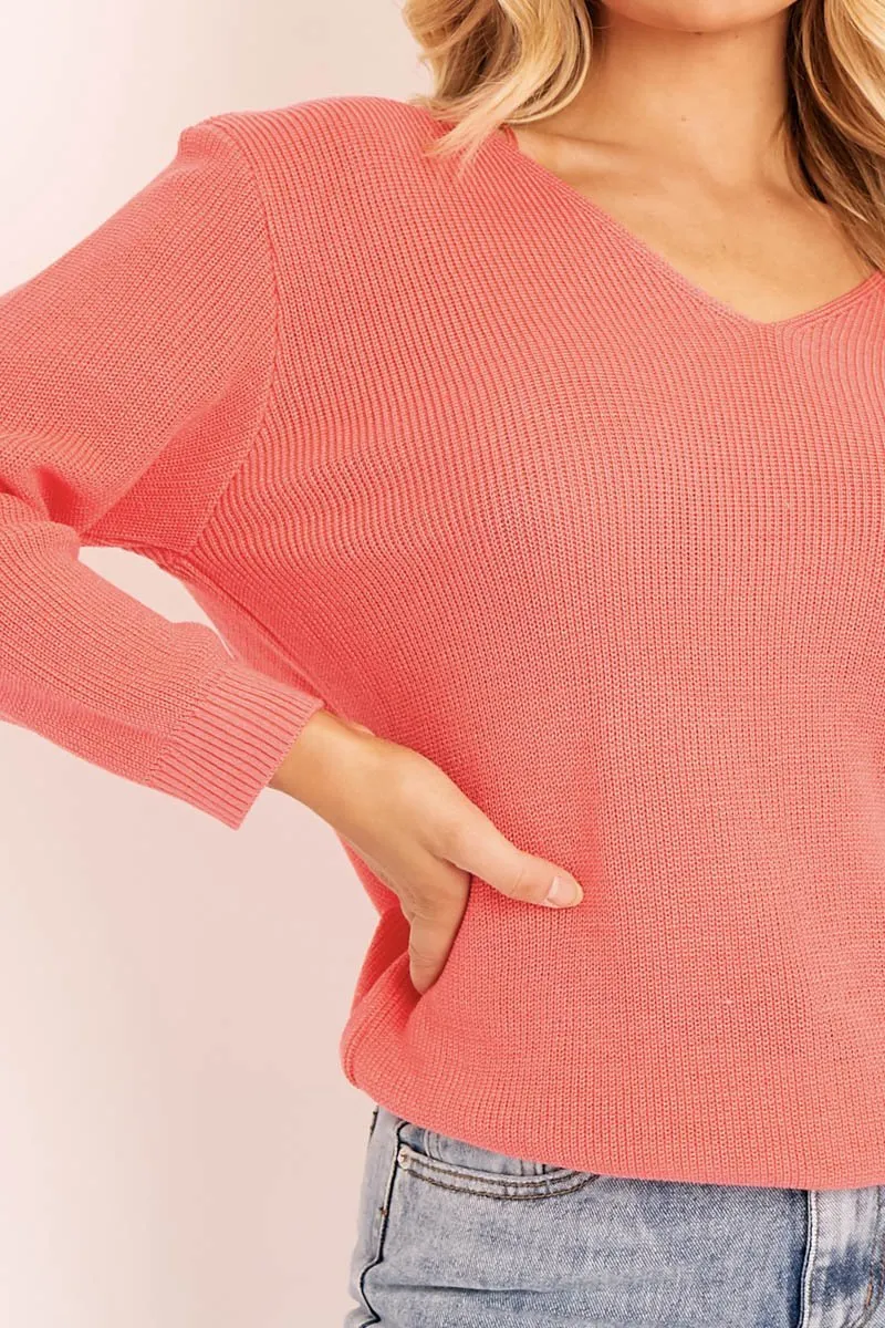Coral Plunge Neck Knit Jumper - Halie