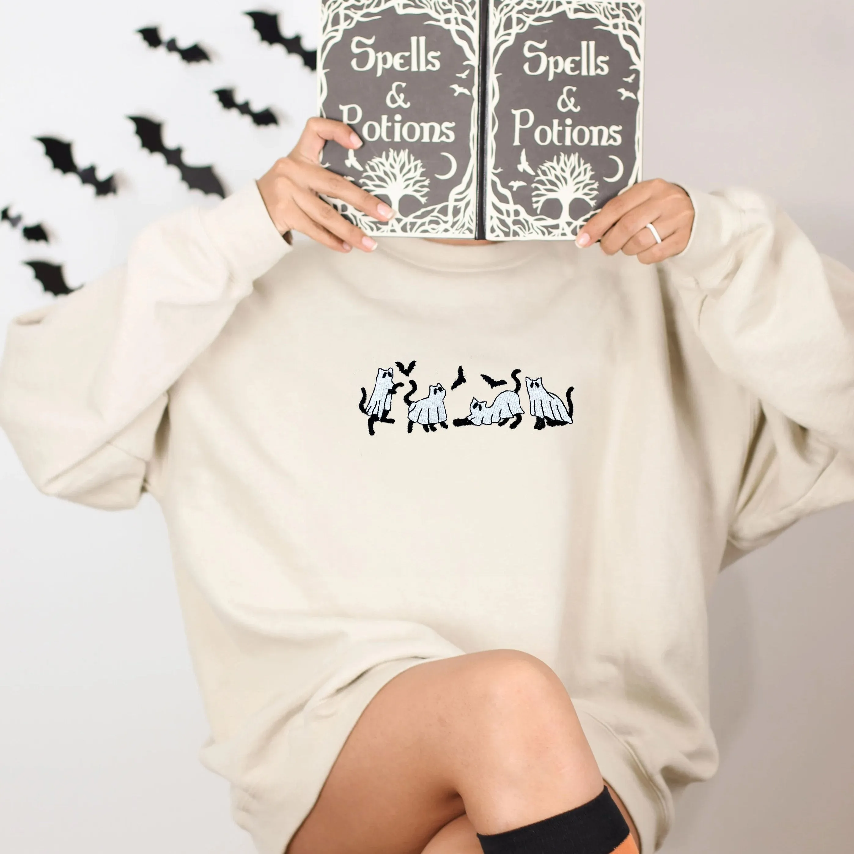 Embroidered Ghost Sweatshirt, Halloween Sweatshirt, Ghost with Black Cat Hoodie