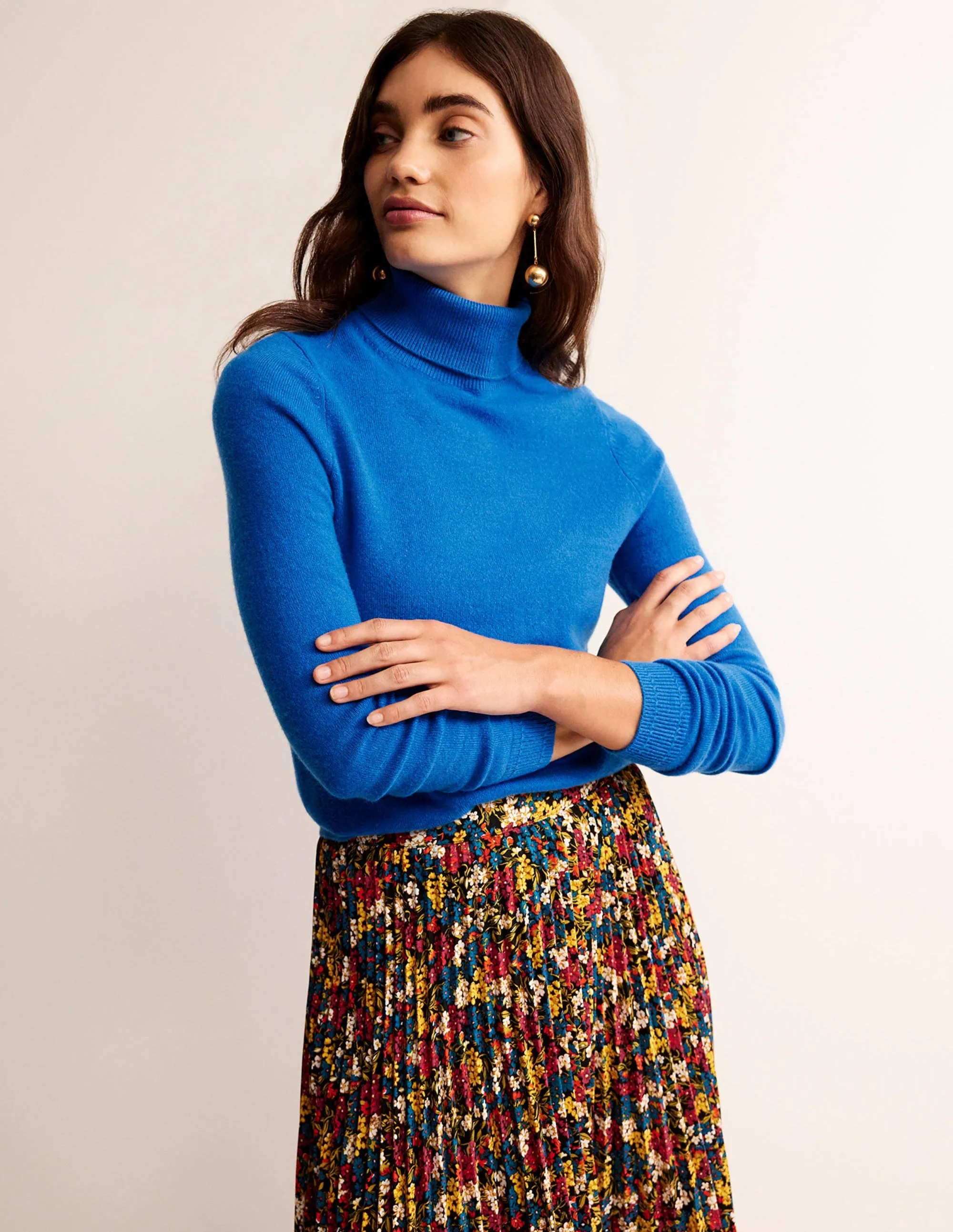 Eva Cashmere Roll Neck Jumper-Cyan