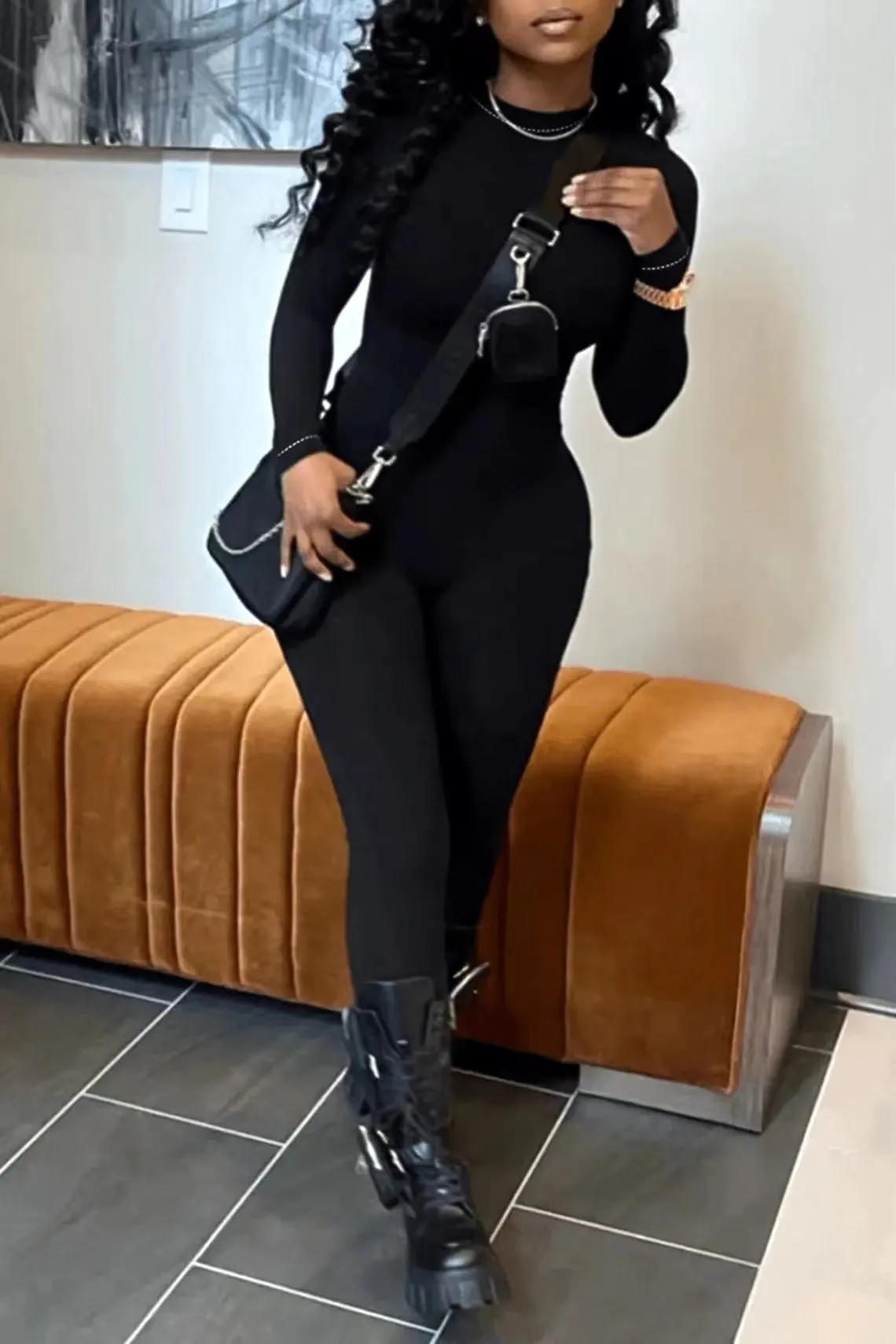 Hnzxzm tailgate outfit black women Autumn Solid Color Slim Jumpsuit