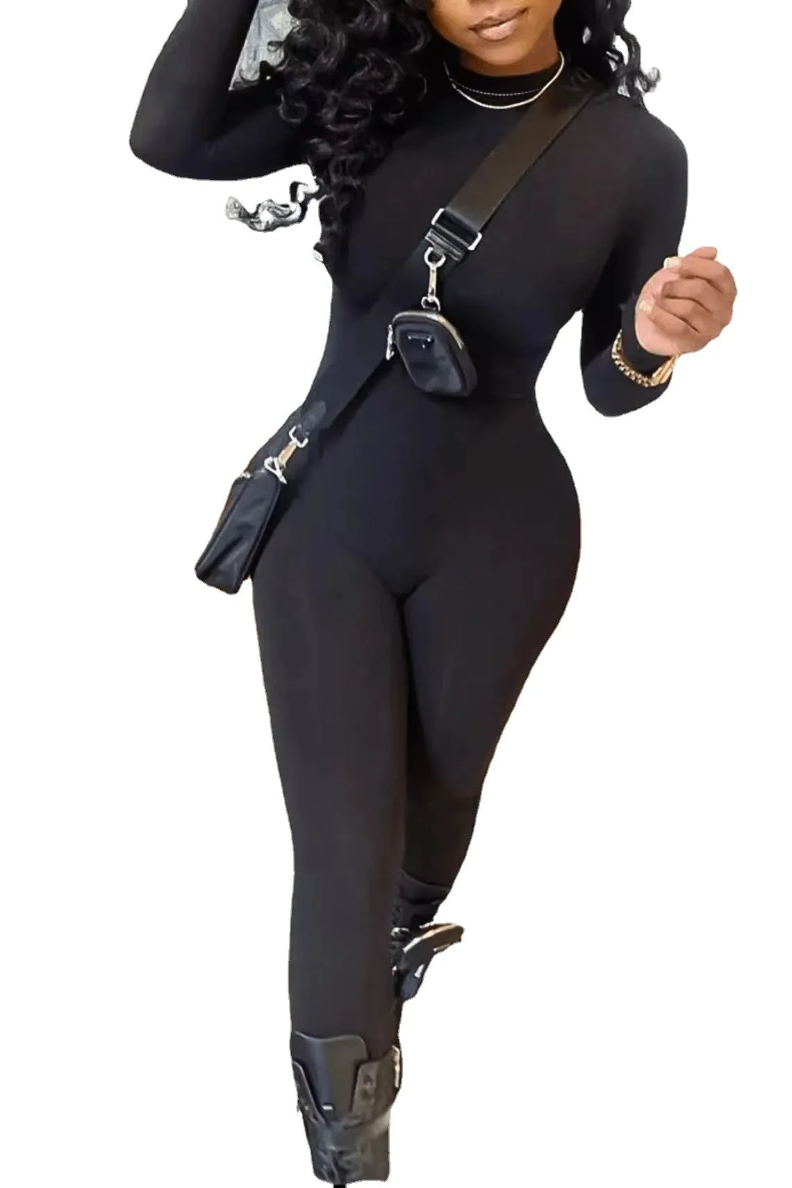 Hnzxzm tailgate outfit black women Autumn Solid Color Slim Jumpsuit