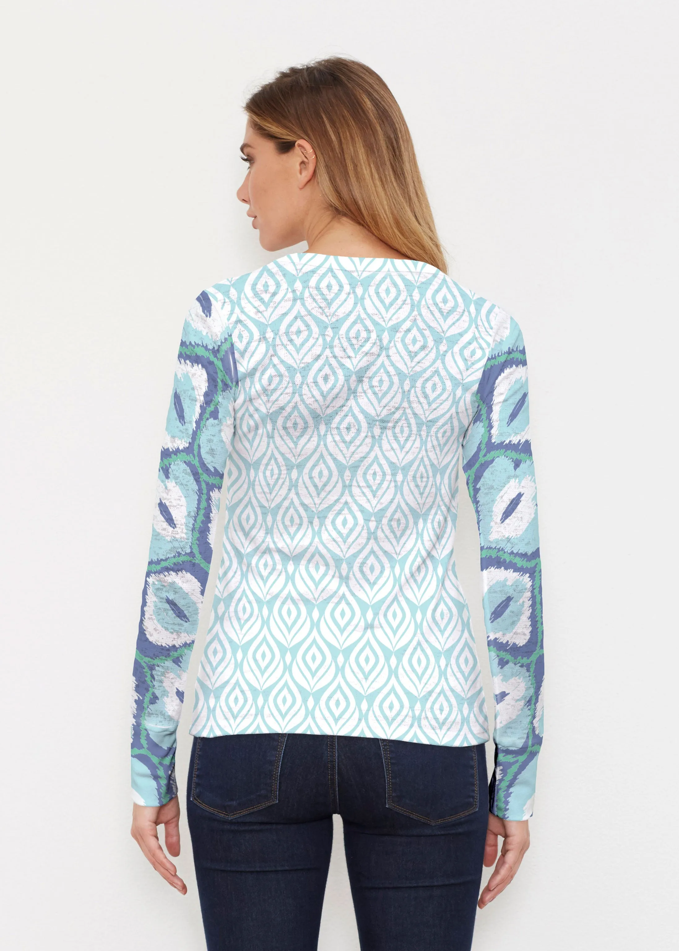 Ikat Buds Blue (8075) ~ Thermal Long Sleeve Crew Shirt