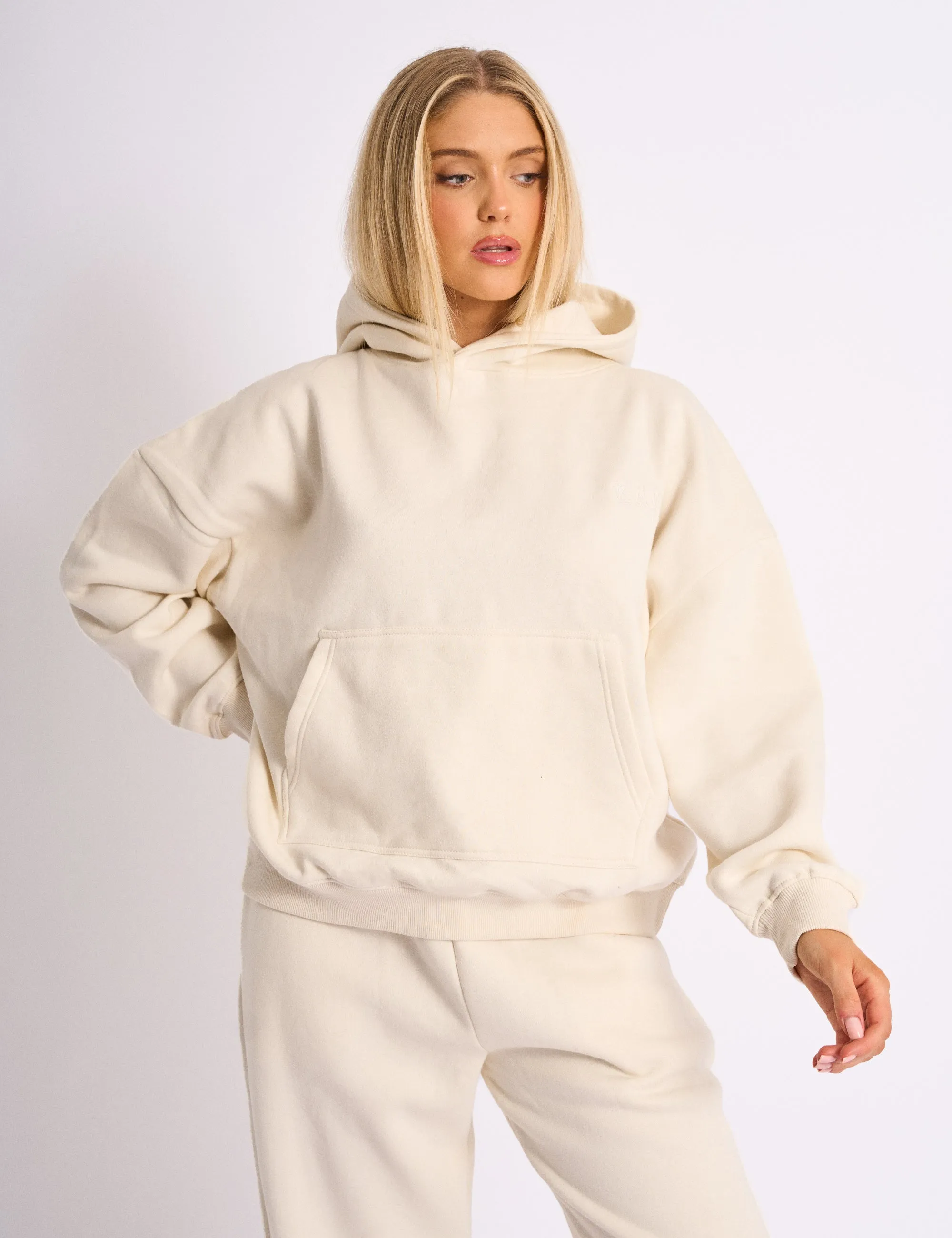 Kaiia Logo Embossed Oversized Hoodie Cream