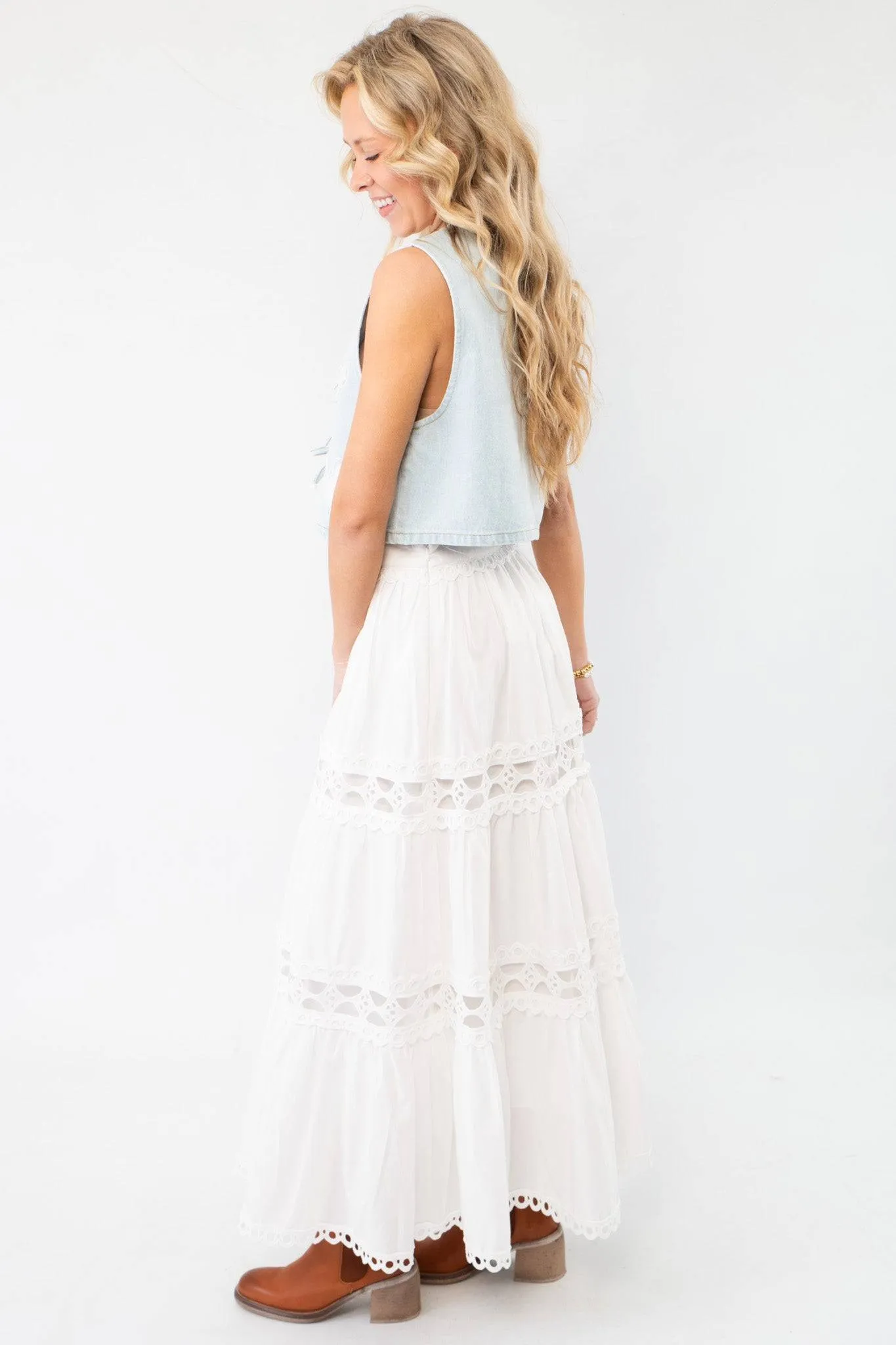 Kait Eyelet White Midi Skirt