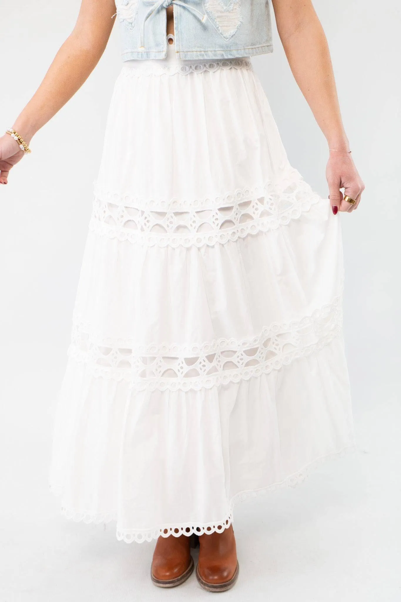 Kait Eyelet White Midi Skirt