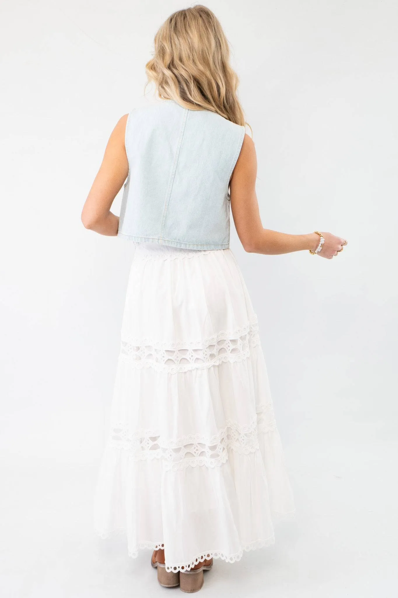 Kait Eyelet White Midi Skirt