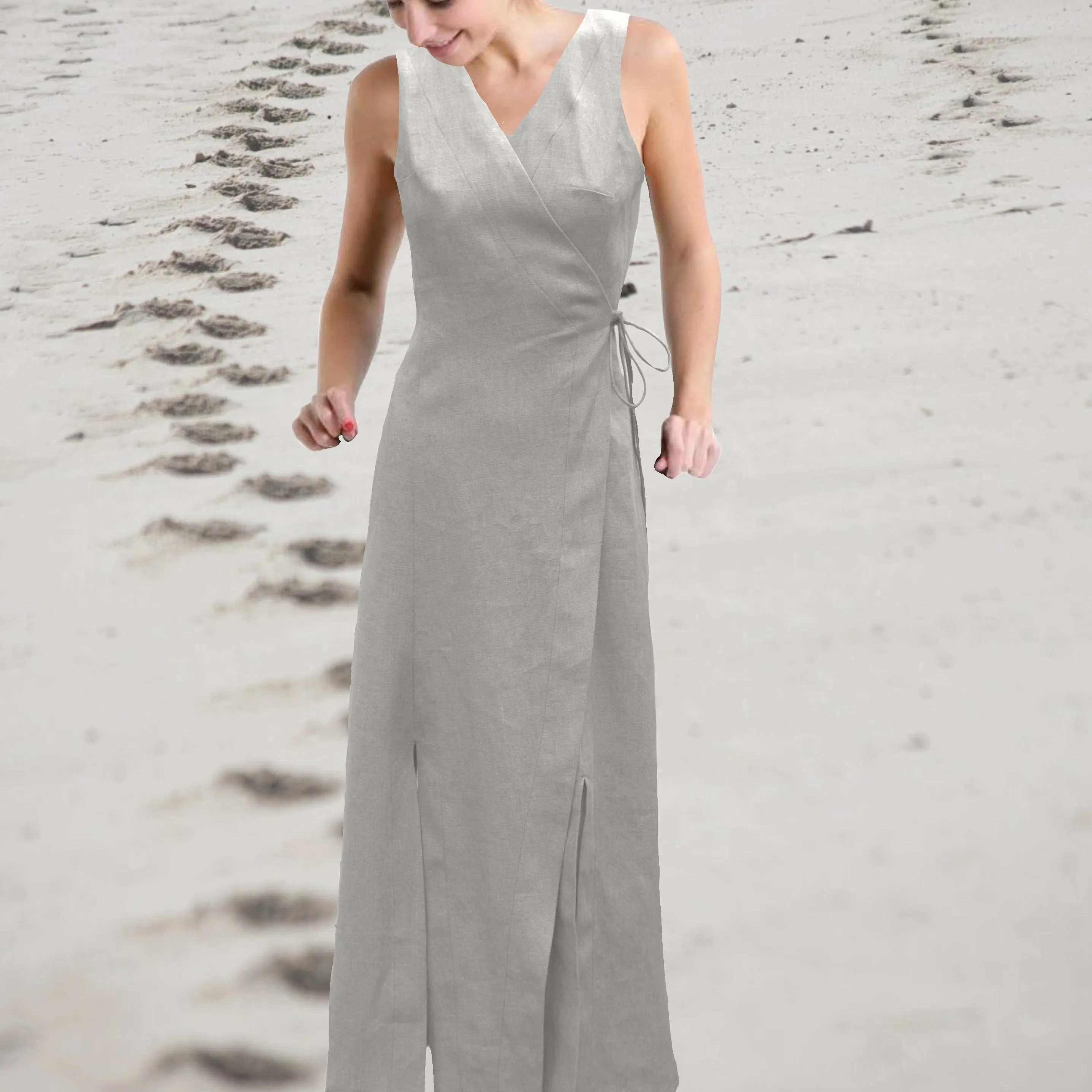 lange linnen overslag jurk  / linen maxi wrap dress