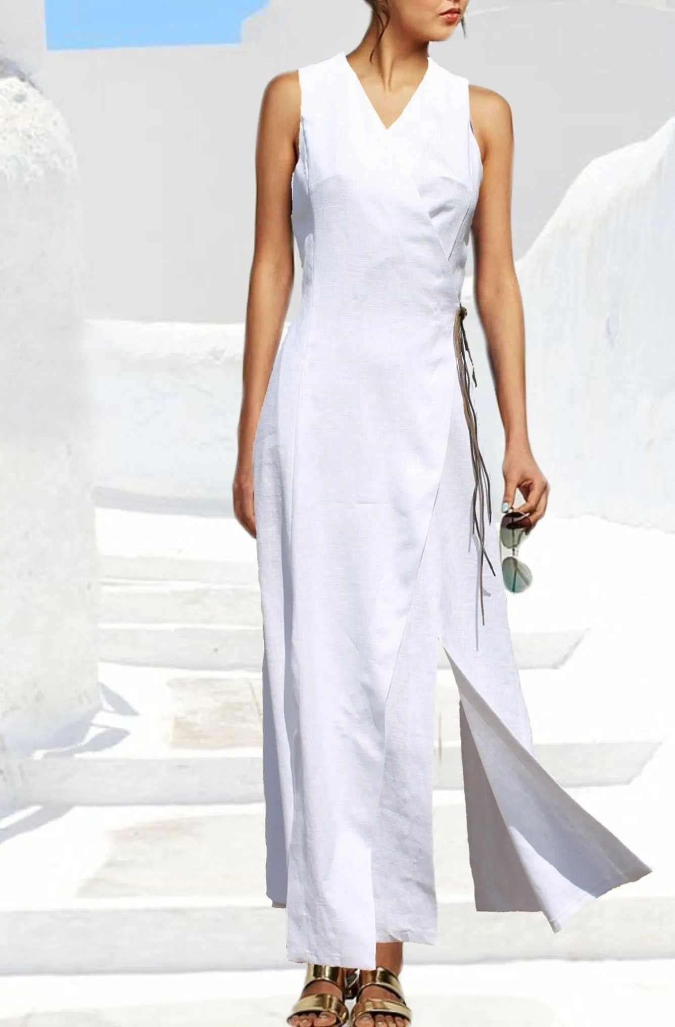 lange linnen overslag jurk  / linen maxi wrap dress