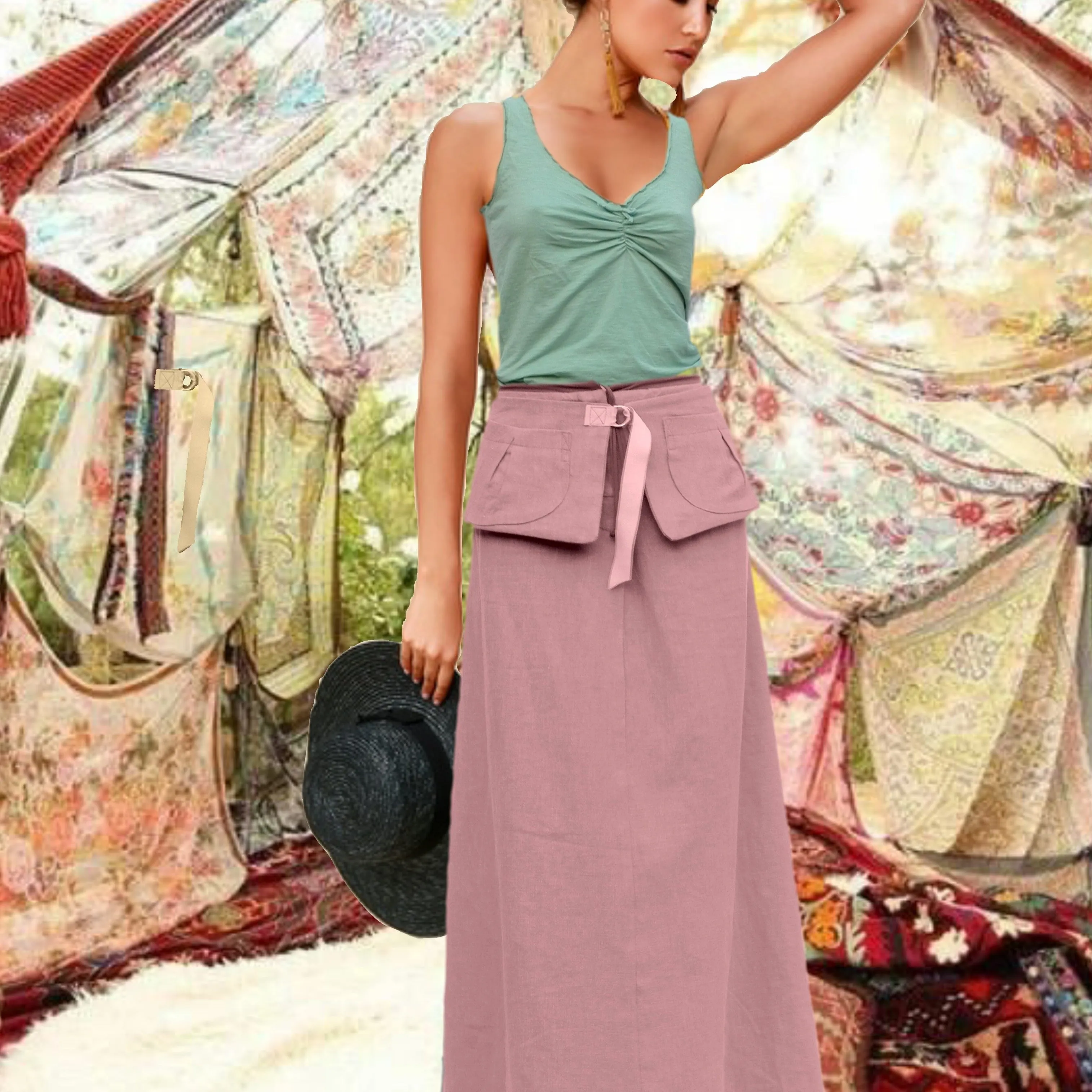 maxi rok van gewassen linnen met losse heupriem,  maxi skirt made of washed linen with separate belt