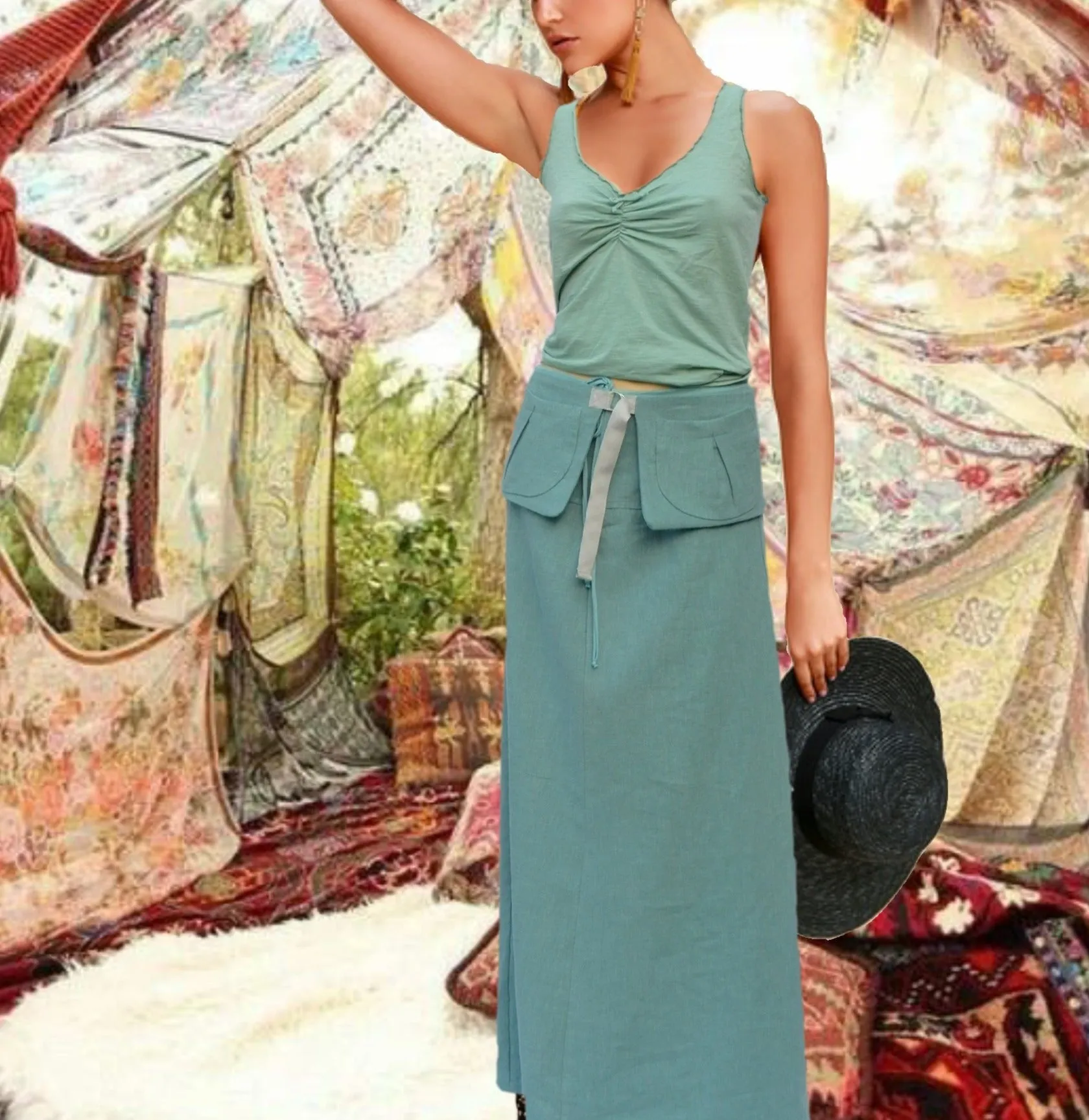 maxi rok van gewassen linnen met losse heupriem,  maxi skirt made of washed linen with separate belt