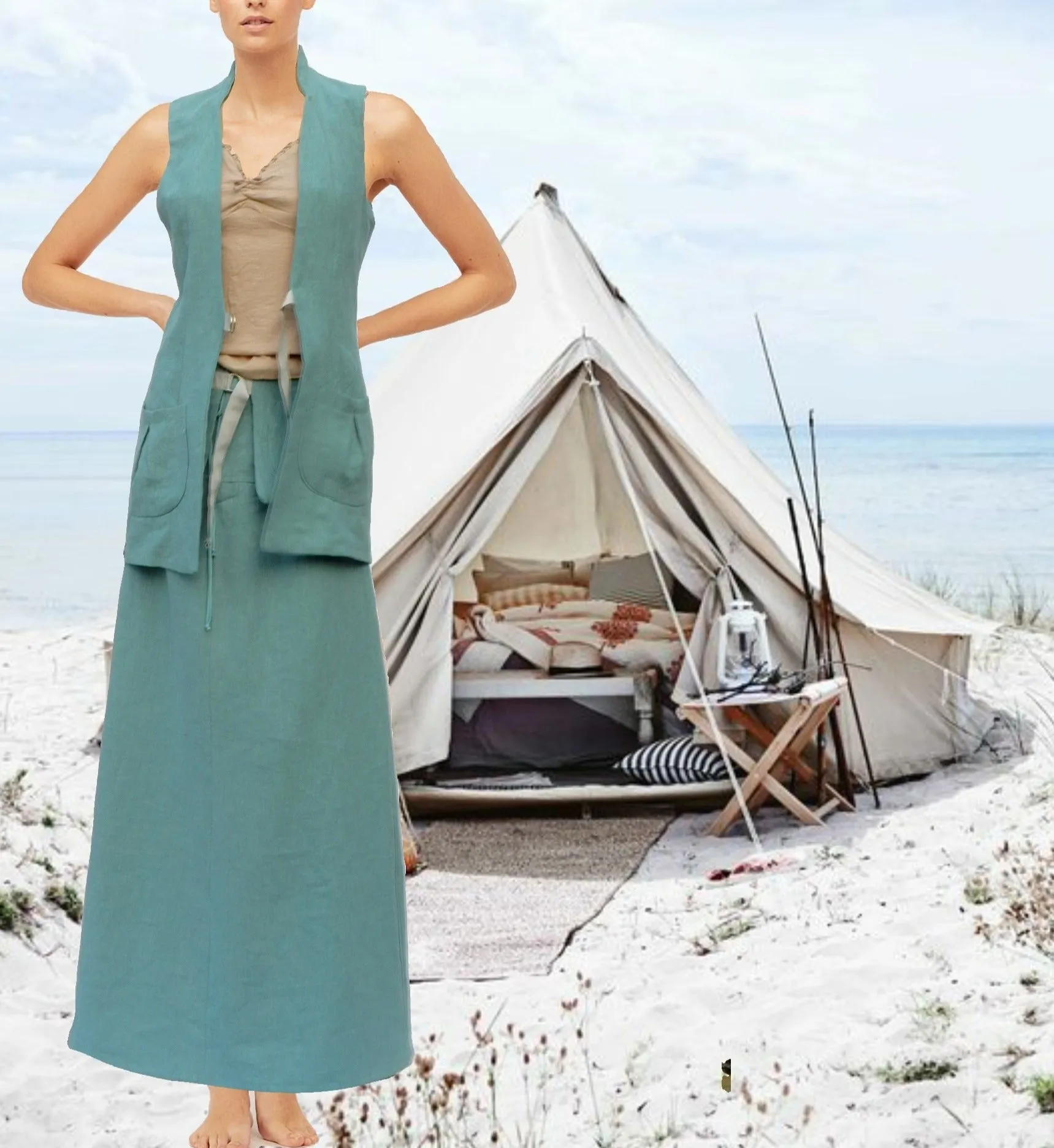 maxi rok van gewassen linnen met losse heupriem,  maxi skirt made of washed linen with separate belt