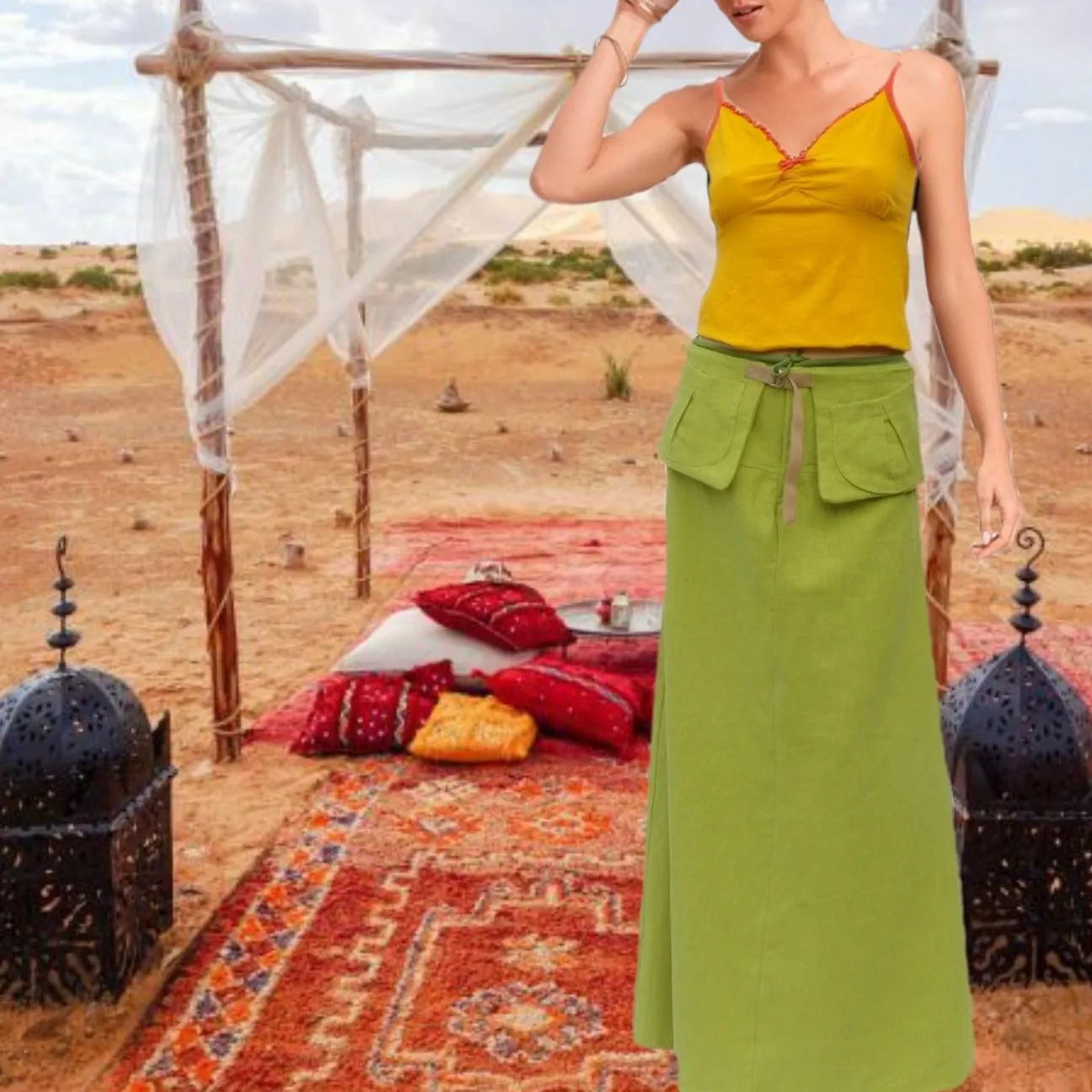 maxi rok van gewassen linnen met losse heupriem,  maxi skirt made of washed linen with separate belt