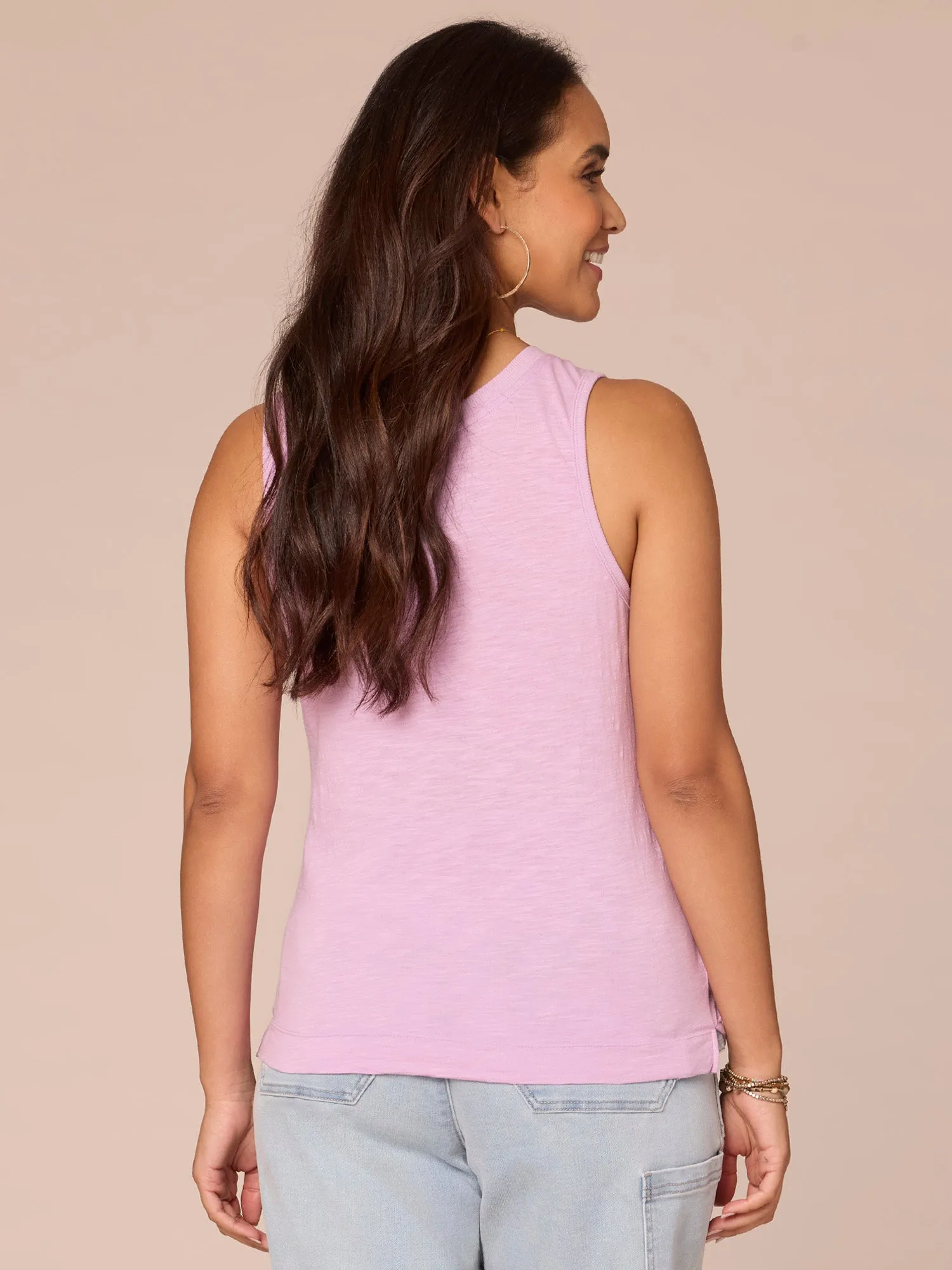 Petite Sleeveless Notched Neck Side Slit Hem Knit Tank Top