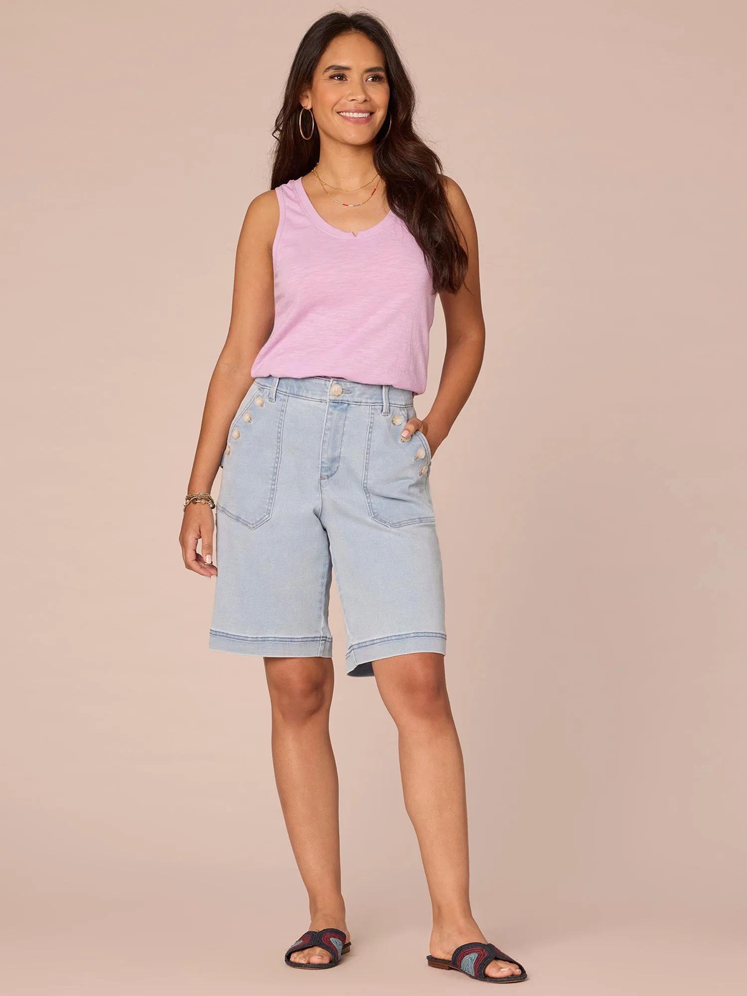 Petite Sleeveless Notched Neck Side Slit Hem Knit Tank Top