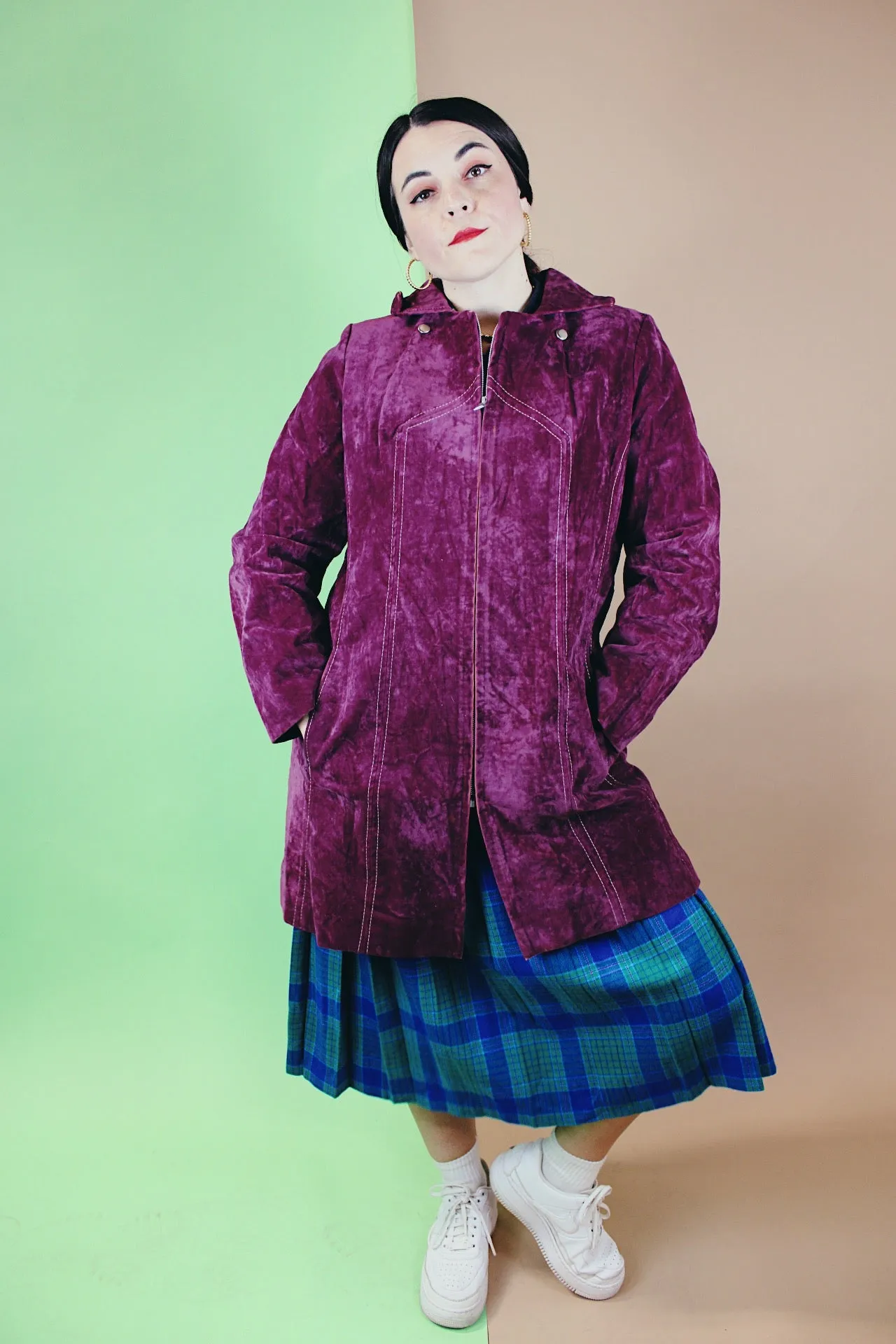 Purple Velvet Zip Up Coat