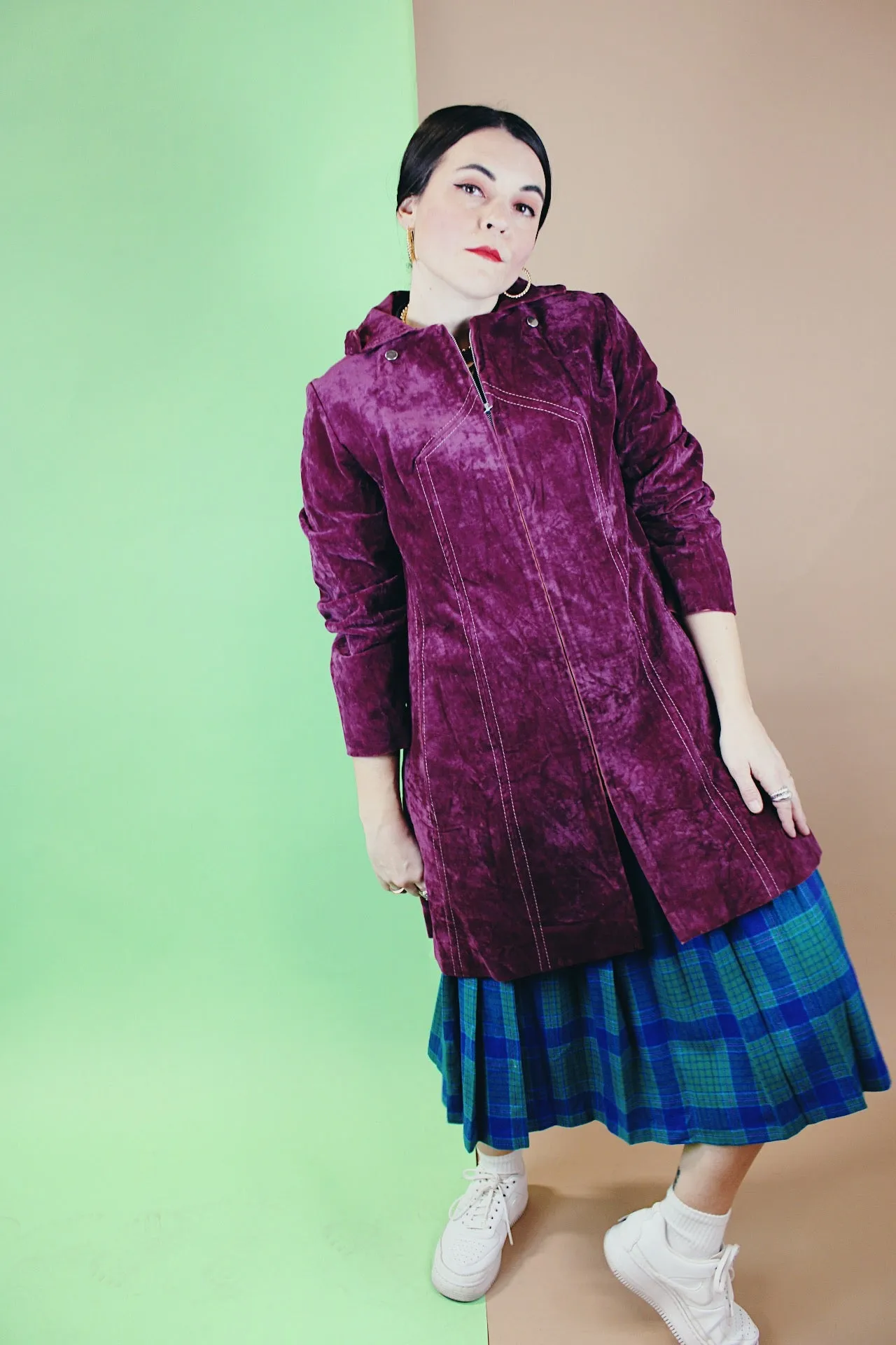 Purple Velvet Zip Up Coat