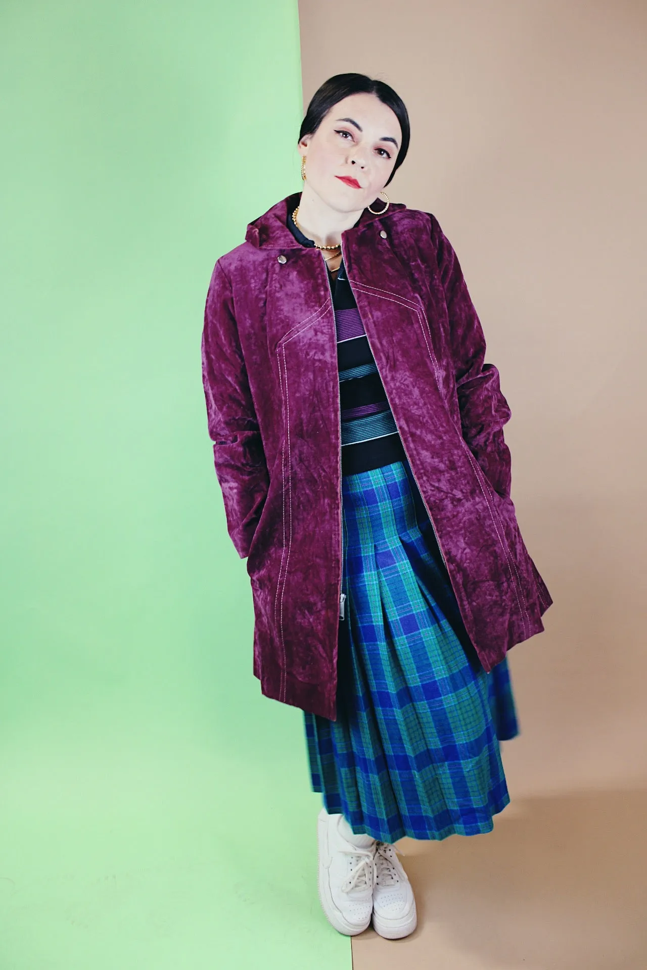 Purple Velvet Zip Up Coat
