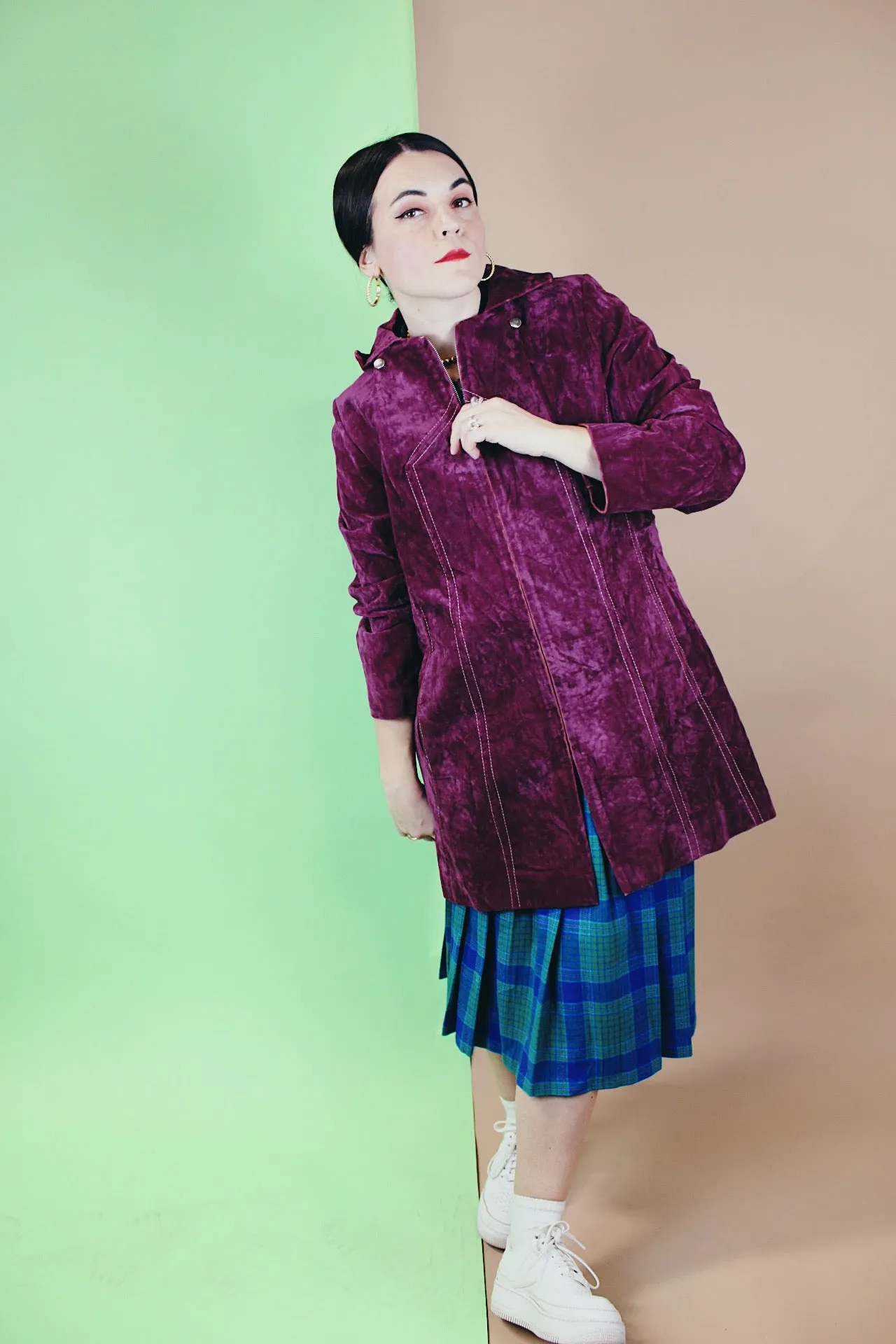 Purple Velvet Zip Up Coat