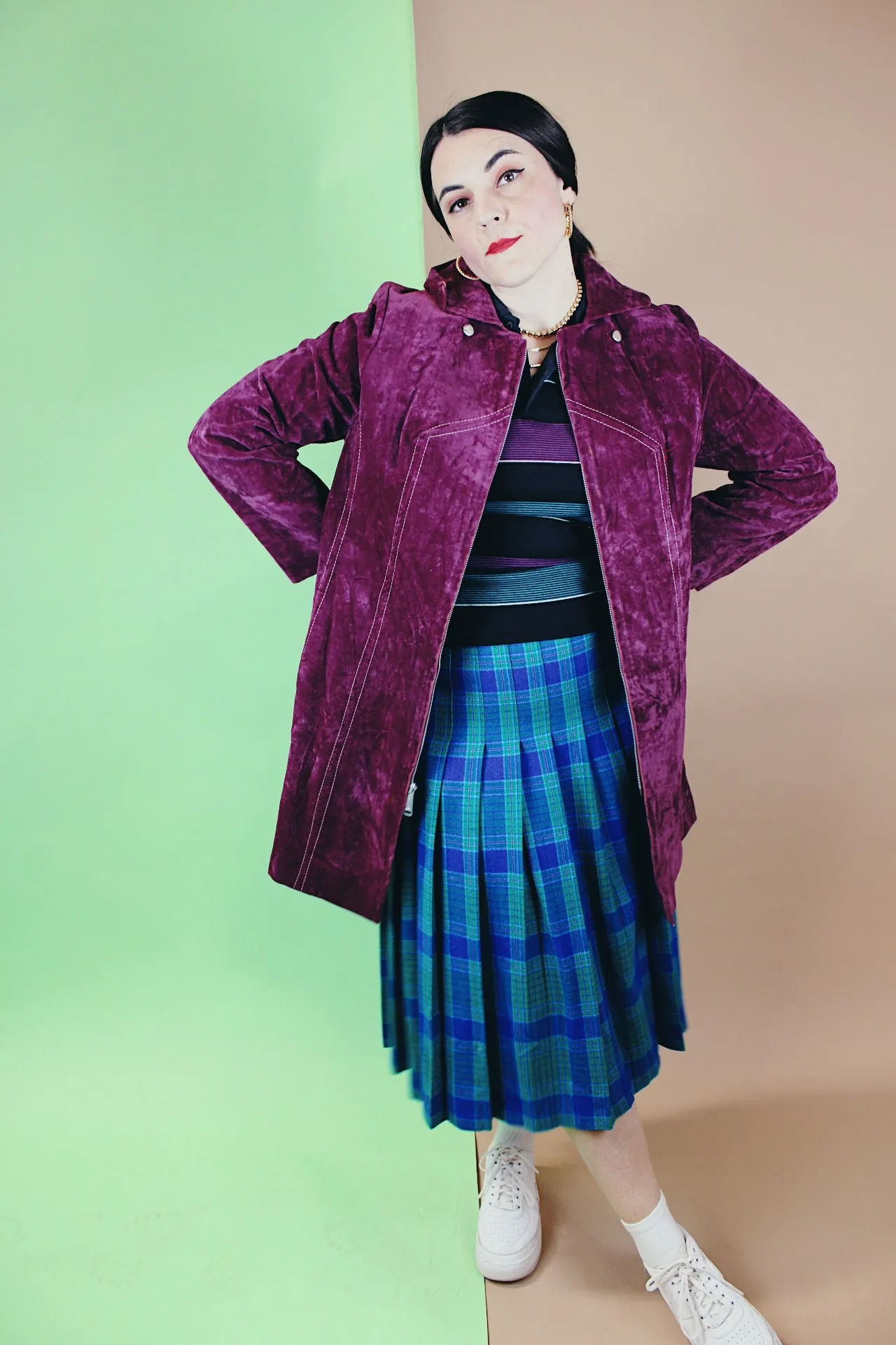 Purple Velvet Zip Up Coat