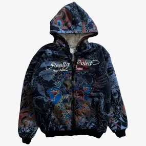 Really Point Rhinestone Snake & Skull Print Double Sided Jacket