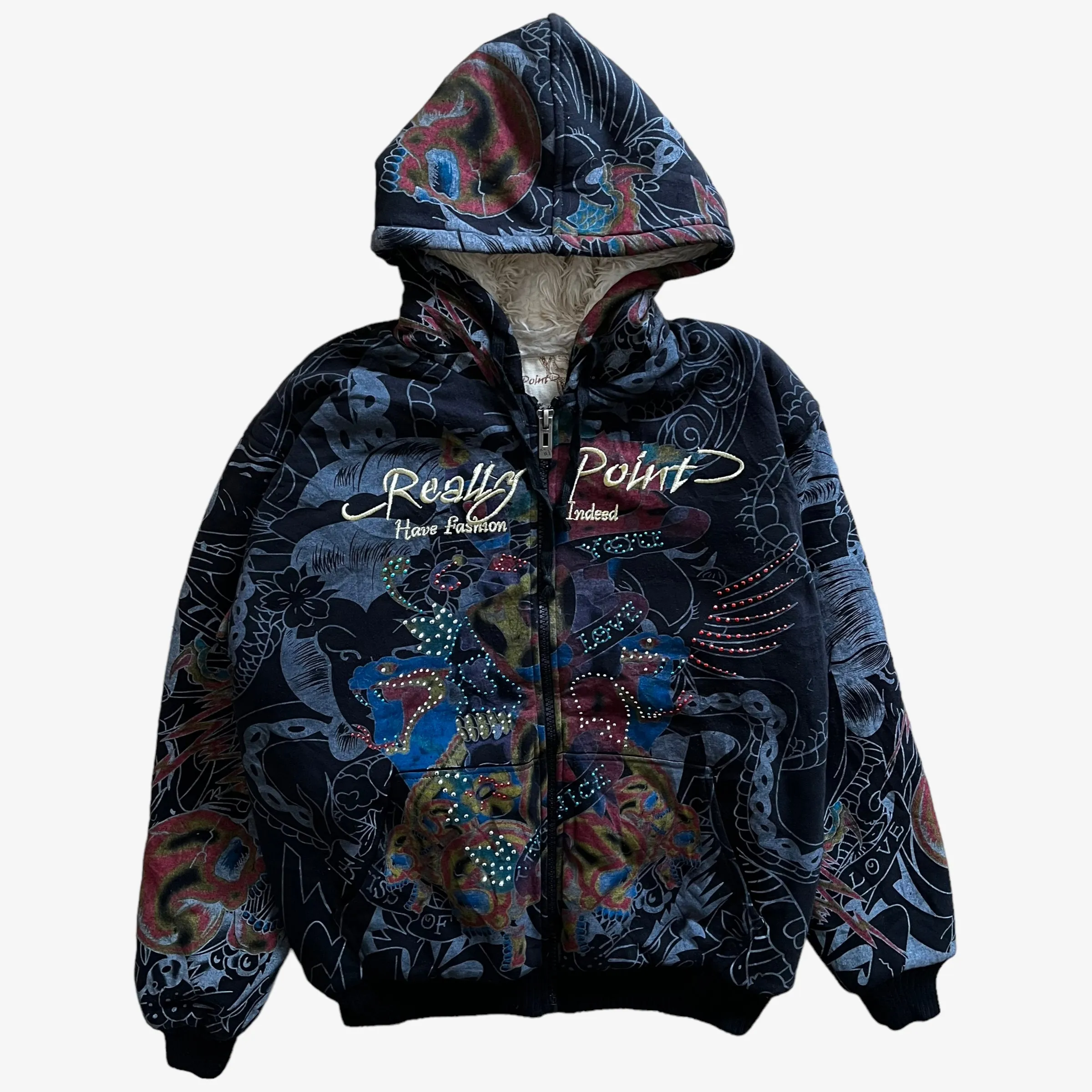 Really Point Rhinestone Snake & Skull Print Double Sided Jacket