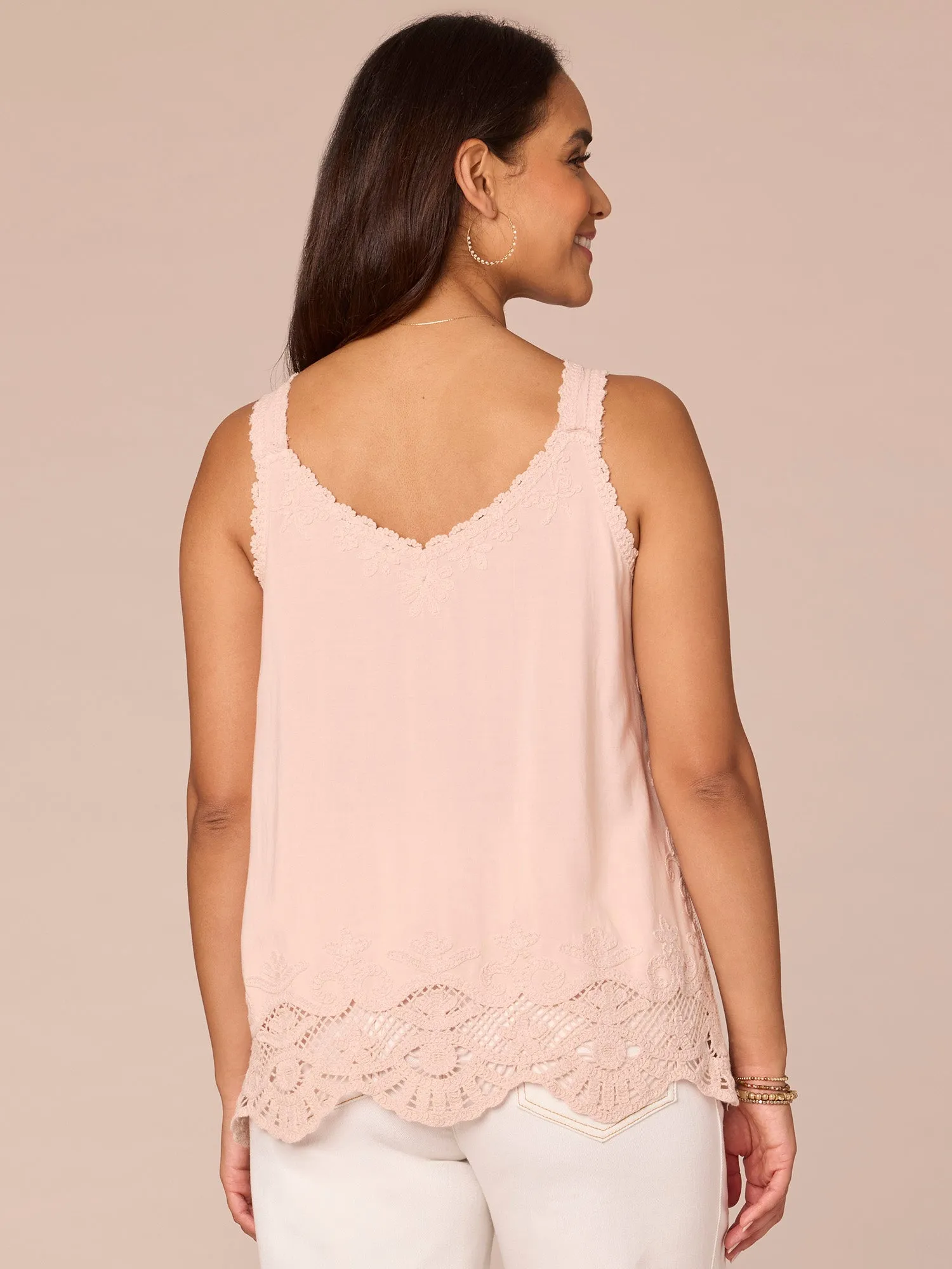 Sleeveless V-Neck Embroidered Scallop Edge Hem Woven Tank Top