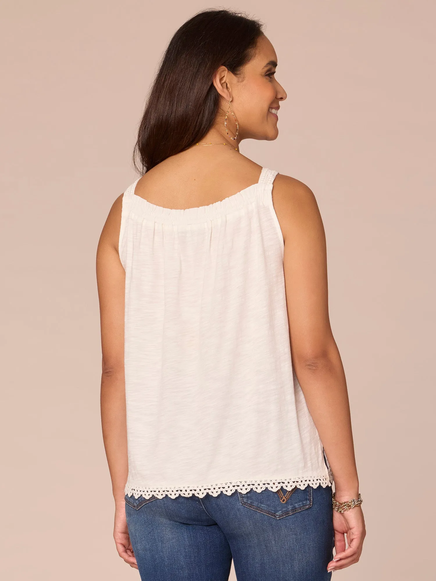 Wide Strap Ruched Square Neck Embroidered Petite Woven Tank Top