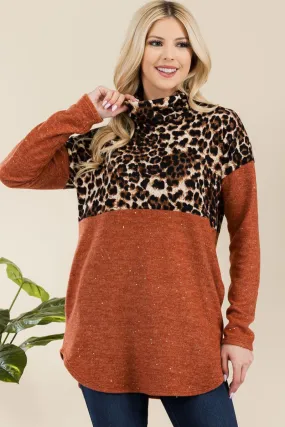 Wjczt Celeste Full Size Curved Hem Leopard Turtleneck Long Sleeve Blouse