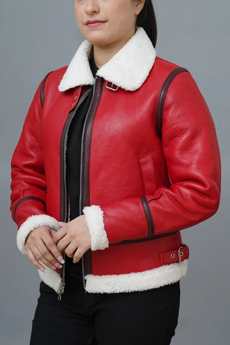 Womens Christmas Red Leather Jacket Aviator Bomber Style Faux Fur Red Leather Jacket Christmas Outfit By TJS