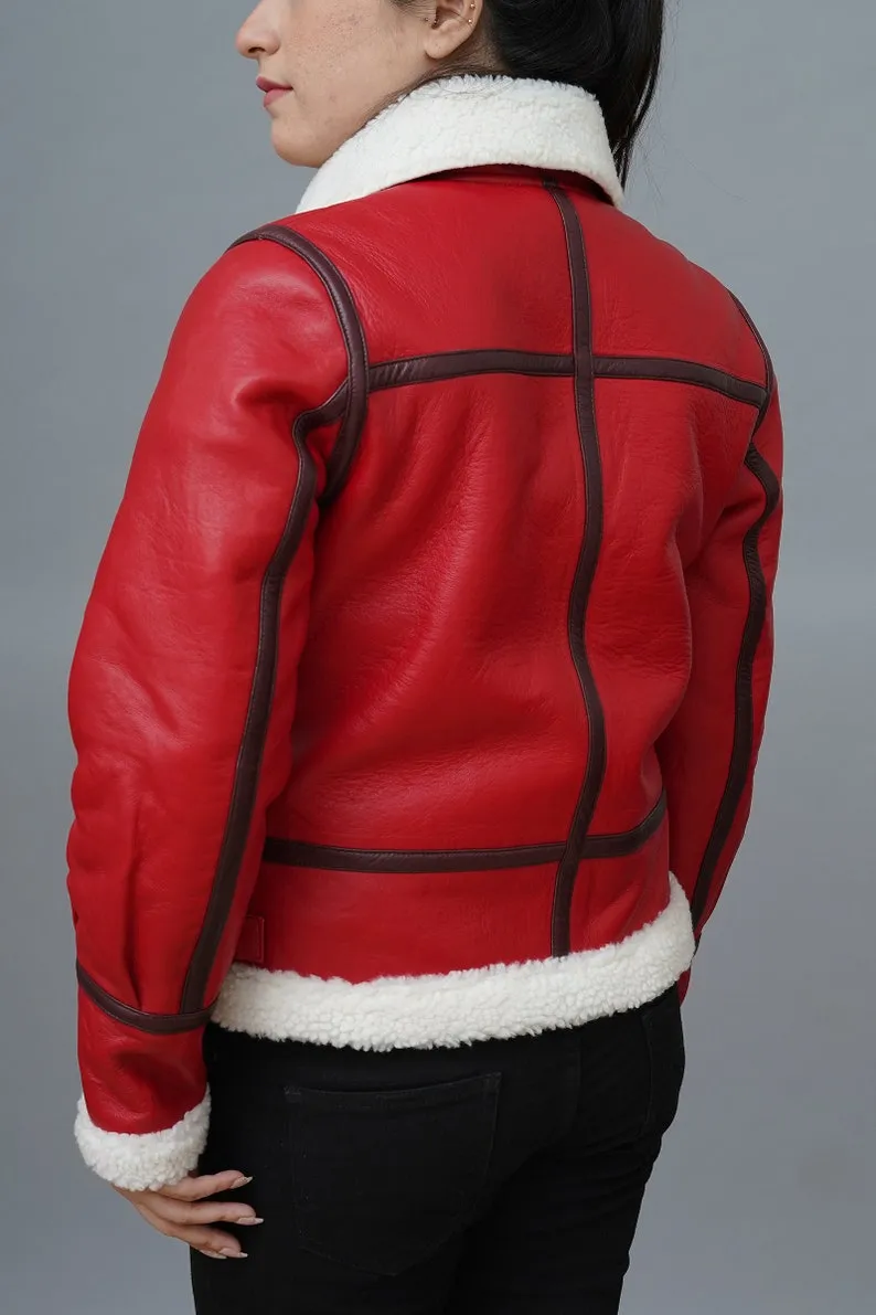 Womens Christmas Red Leather Jacket Aviator Bomber Style Faux Fur Red Leather Jacket Christmas Outfit By TJS