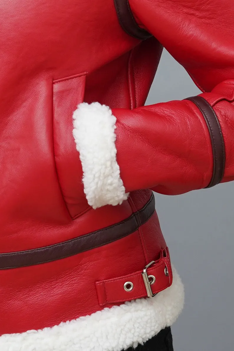 Womens Christmas Red Leather Jacket Aviator Bomber Style Faux Fur Red Leather Jacket Christmas Outfit By TJS
