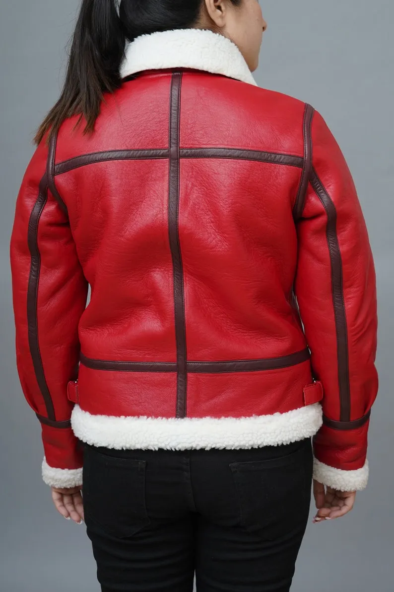 Womens Christmas Red Leather Jacket Aviator Bomber Style Faux Fur Red Leather Jacket Christmas Outfit By TJS