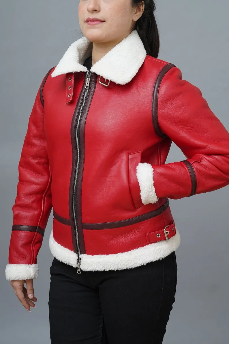 Womens Christmas Red Leather Jacket Aviator Bomber Style Faux Fur Red Leather Jacket Christmas Outfit By TJS