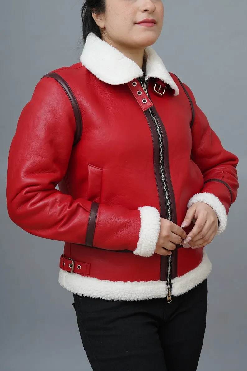 Womens Christmas Red Leather Jacket Aviator Bomber Style Faux Fur Red Leather Jacket Christmas Outfit By TJS