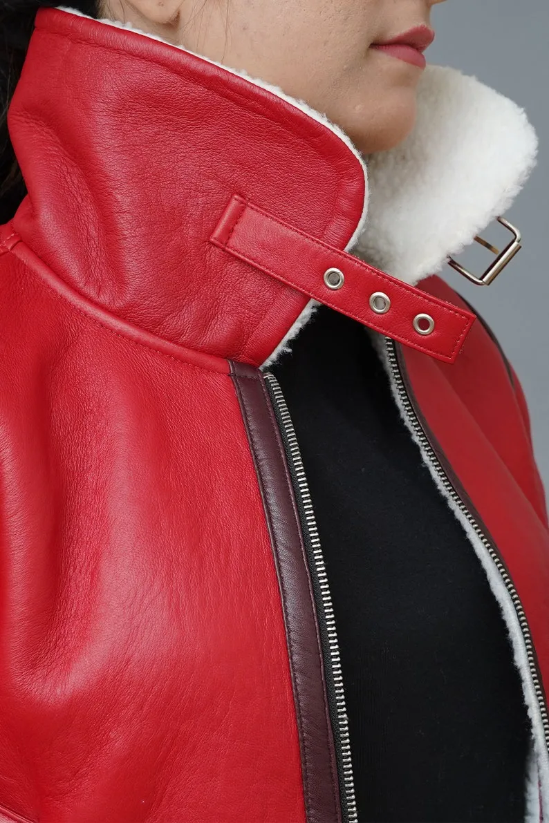 Womens Christmas Red Leather Jacket Aviator Bomber Style Faux Fur Red Leather Jacket Christmas Outfit By TJS